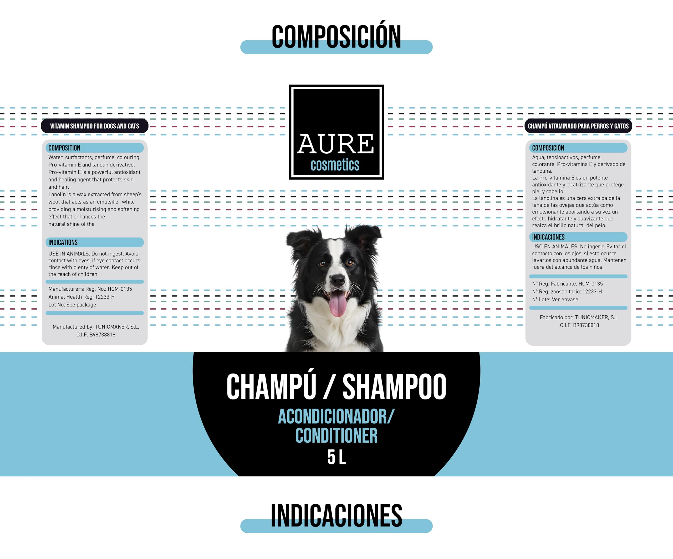 AURE - Champú Acondicionador para Perros y Gatos 5 L. Champu Perro 2 en 1 con Provitamina E, pH Neutro, Desenreda y Aporta Brillo. Champu gatos Uso Frecuente, Ideal para uso doméstico