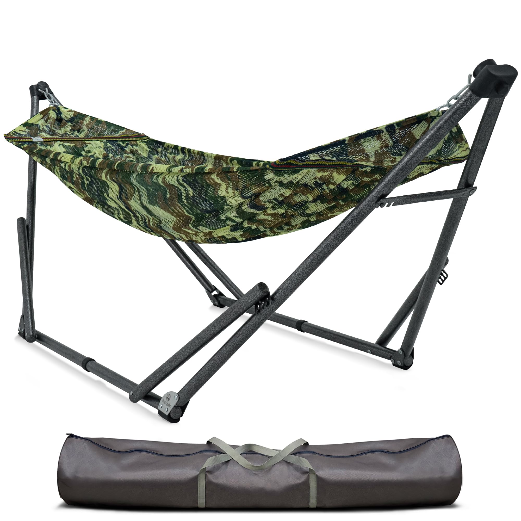 tranquillo uniki 550 lbs capacity hammock 3-year warranty hammock stand, revolutionary 30s folding camping hammock with stand, portable hammock for indoor outdoor, instant setup no screws needed, camo