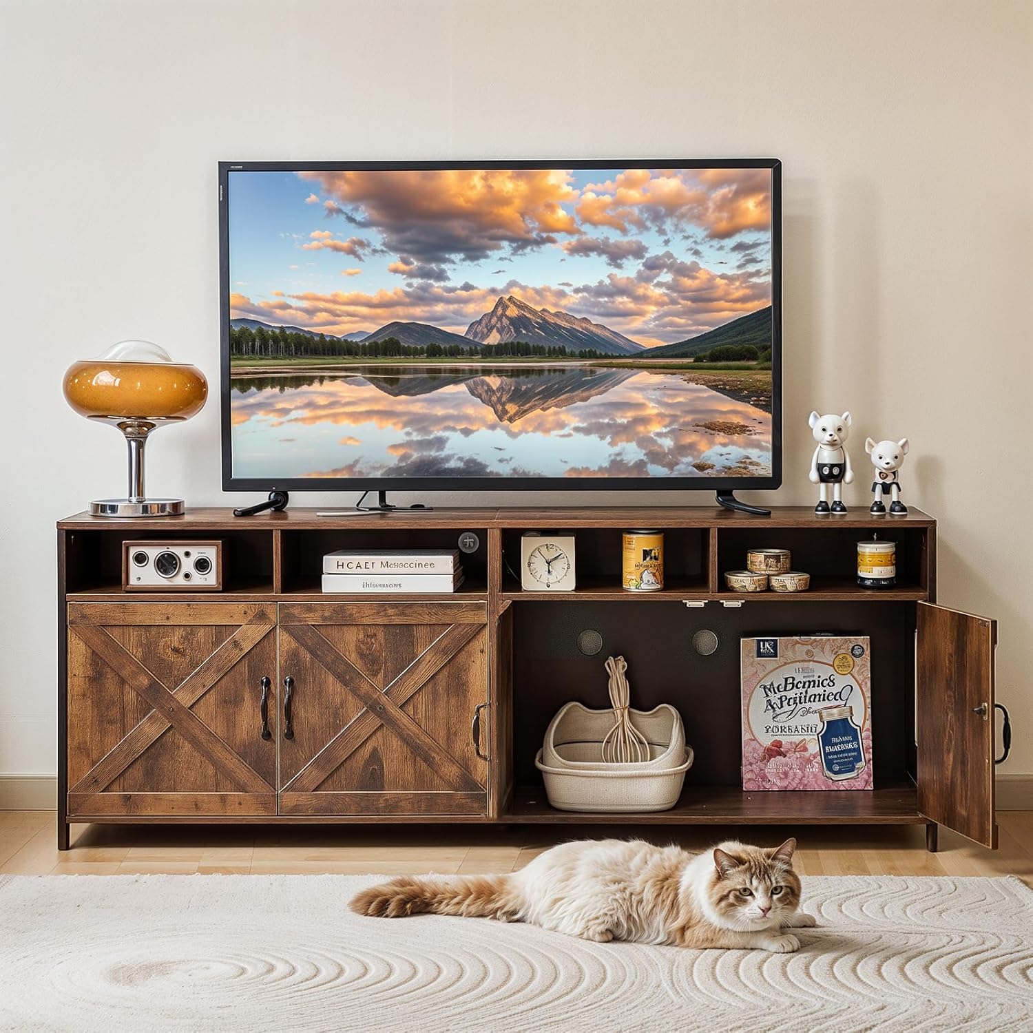 Corner Cat Litter Box Enclosure, 31.5" Hidden Litter Box Furniture for 2 Cats, Indoor Cat House End Table with Double Room, Vintage Brown