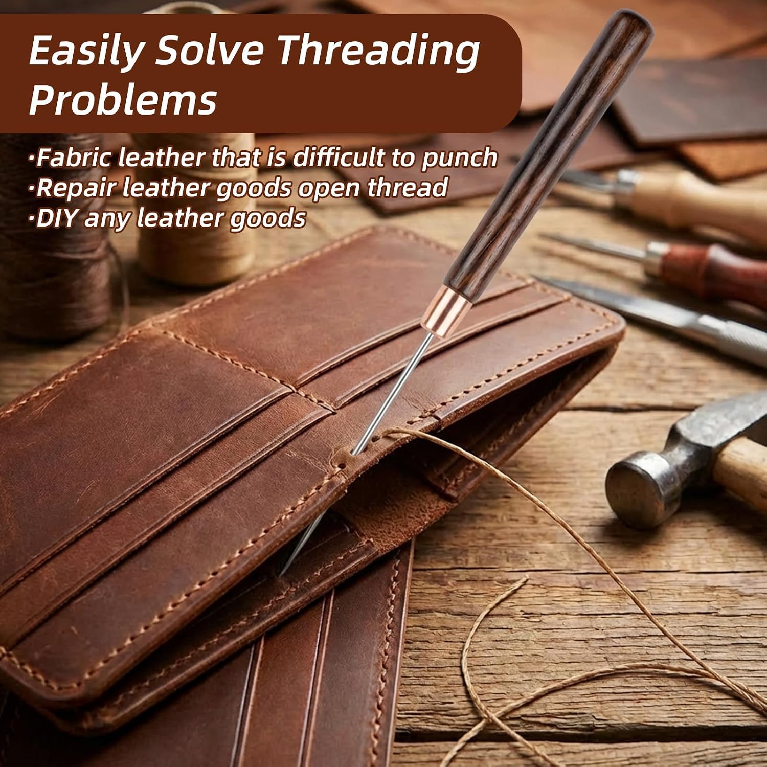 2 Pack Scratch Awl Tool with Wood Handle, Leather Awl Punch Tool, Stainless Steel Tailors Awls, Wood Handle Awls Tools for Leather Craft, Punching, Sewing and DIY Projects