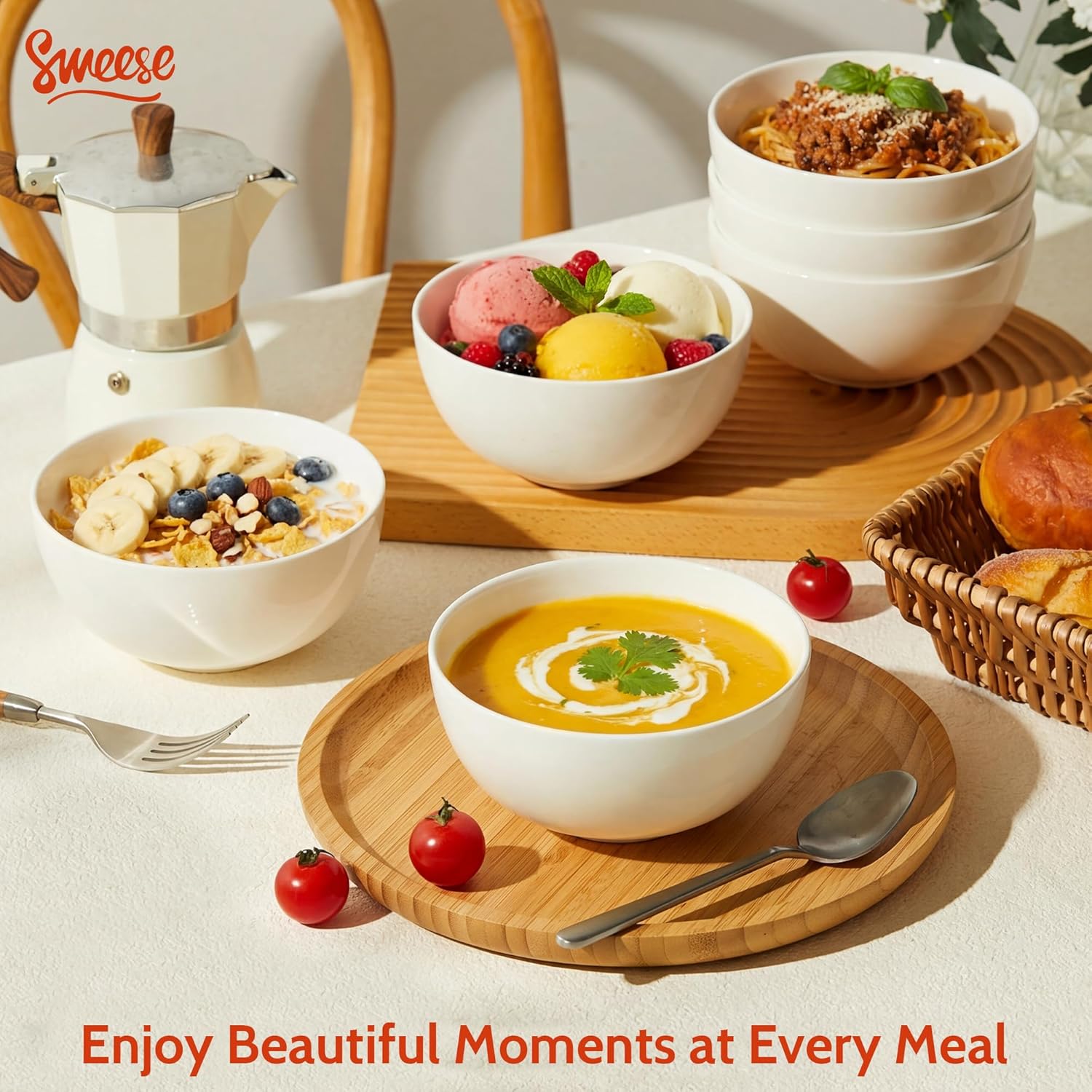 Sweese Porcelain Bowls Set of 6, 20oz Lightweight Round Cereal Bowls Set - Dishwasher, Microwave, Oven Safe, Scratch Resistant, Kitchen Serving Dishes - White