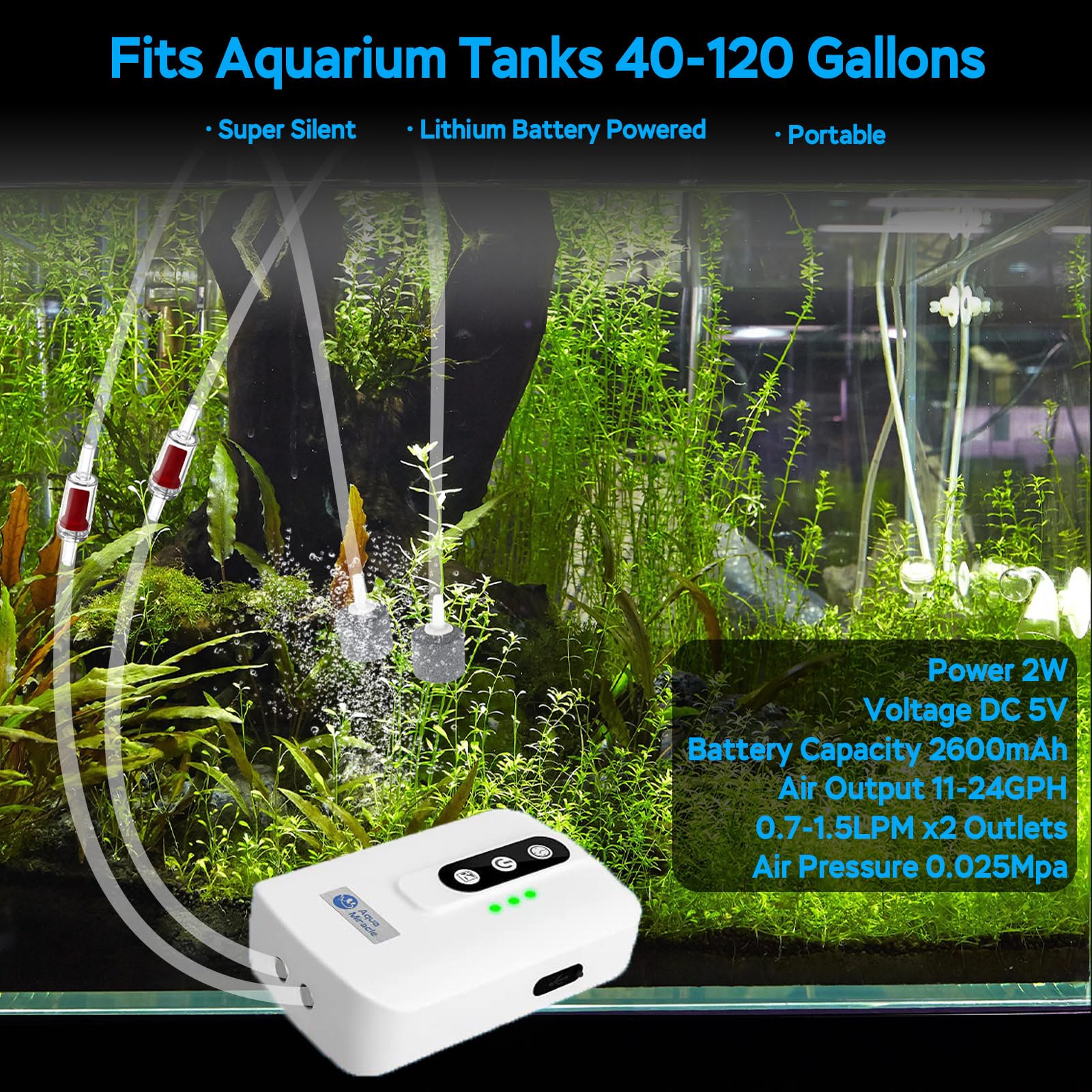 AquaMiracle Bomba de aire portátil de doble salida de batería de litio para acuarios de hasta 120 galones, modo dual CA/CC, bomba de oxígeno recargable por USB, para pesca, cortes de energía y