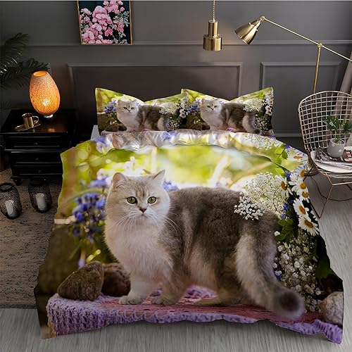 Kitten - Funda de edredón tamaño California King con estampado verde, funda de edredón de microfibra suave y 2 fundas de almohada de 20 x 36