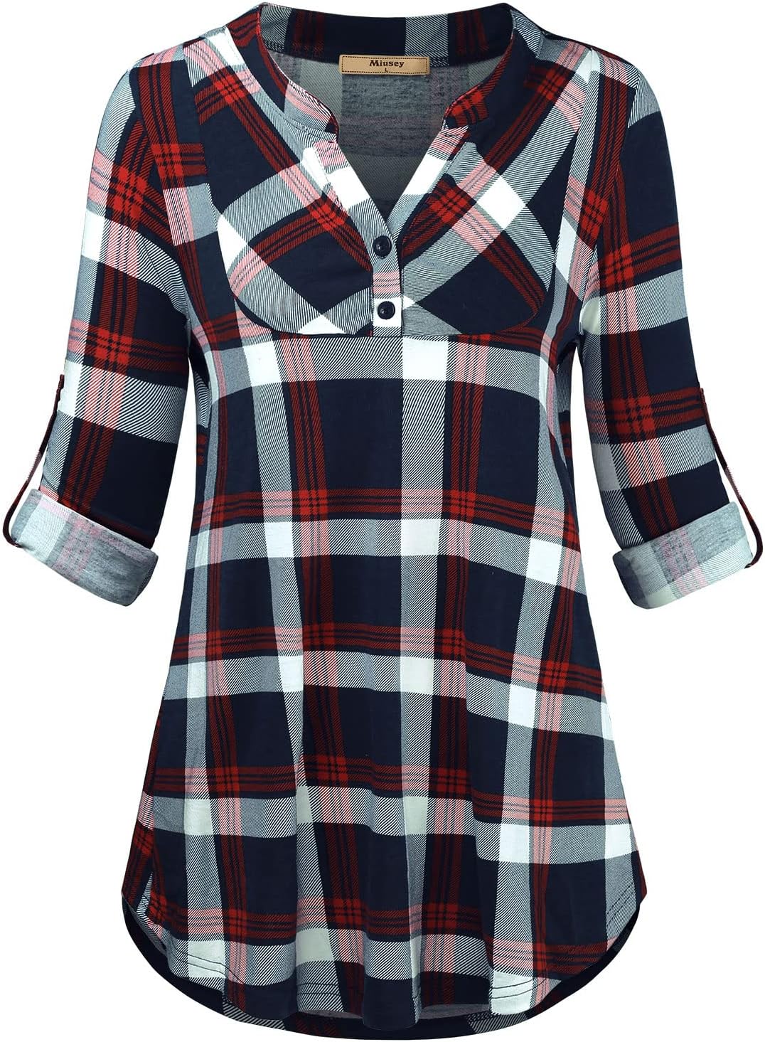 Miusey Womens Buffalo Plaid Roll Sleeve V Neck Flowy Loose Tunic Blouse