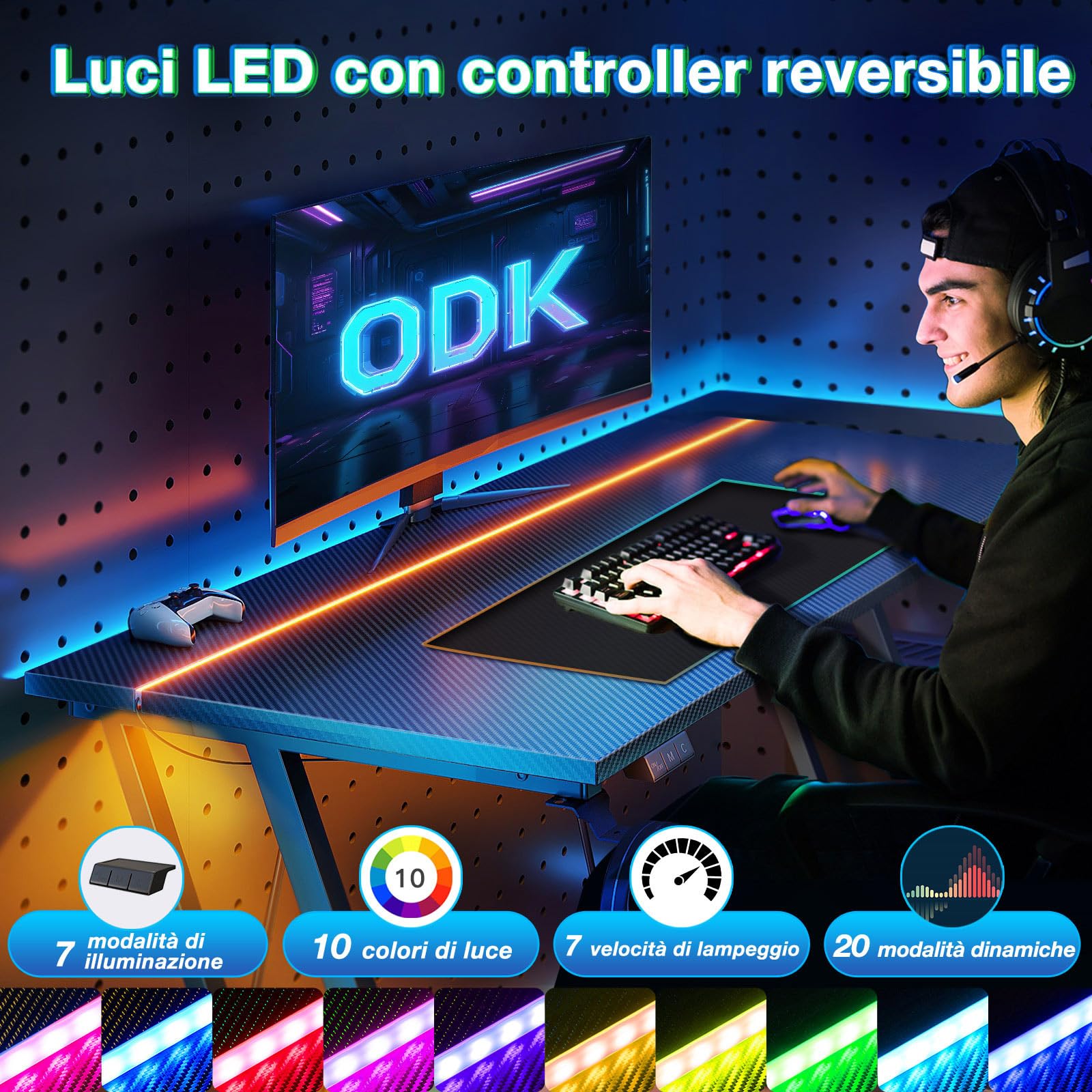 ODK Scrivania Gaming con LED, 80 × 50 cm Tavolo Gaming con Portabicchieri e Gancio per Cuffie, Scrivania Computer con Design a Doppia Z Fibra di Carbonio Nera