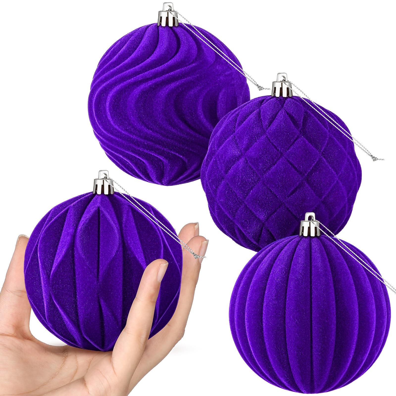 Blueweenly 4 Pcs 4 Inch Purple Large Velvet Christmas Ball Ornaments Vintage Christmas Plastic Ball Ornaments Flocked Tree Hanging Decoration for Xmas