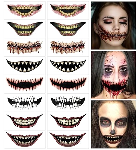 16 piezas de tatuajes temporales de maquillaje de broma de Halloween para adultos, payaso de terror, boca de terror, calcomanías para Halloween,