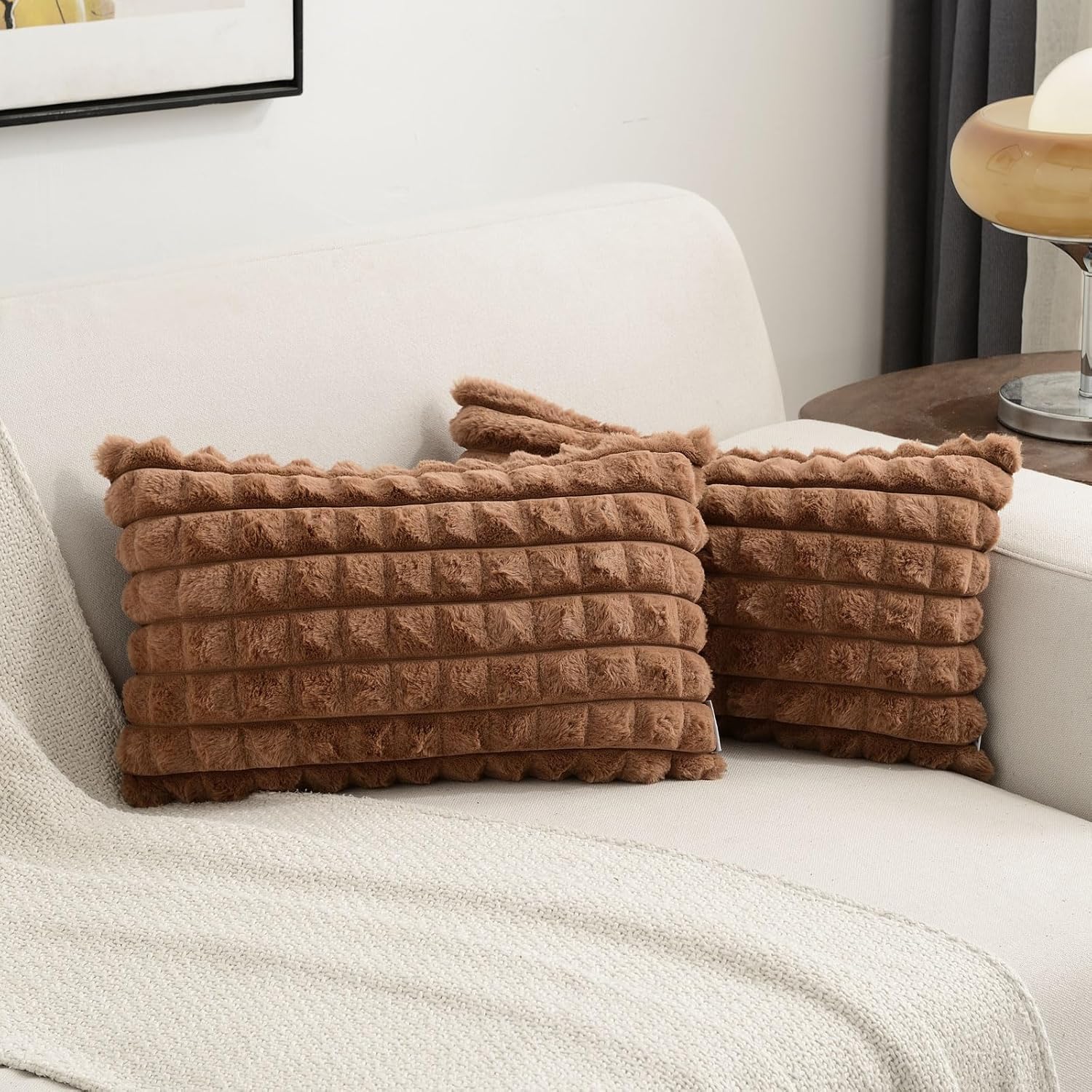 Premium Ribbed Fur Cushion Cover 12x18 Inches – Soft Plush Rectangular Pillow Cover for Sofa & Bed – Pack of 2 Pieces (Brown)-image-11