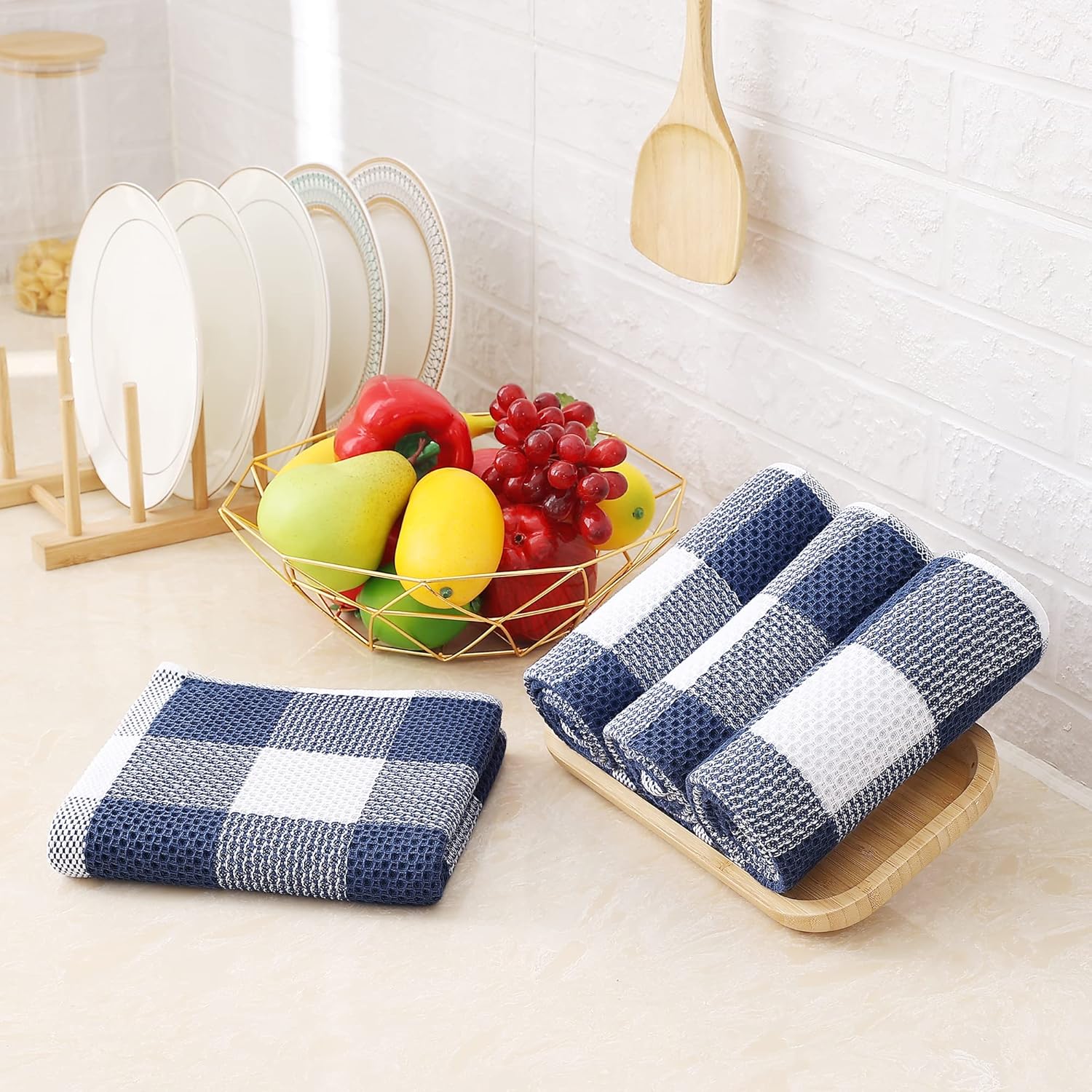 Homaxy 100% Cotton Waffle Weave Check Plaid Kitchen Towels, 13 x 28 Inches, Super Soft and Absorbent Dish Towels for Drying Dishes, 4-Pack, White & Navy Blue - Image 5
