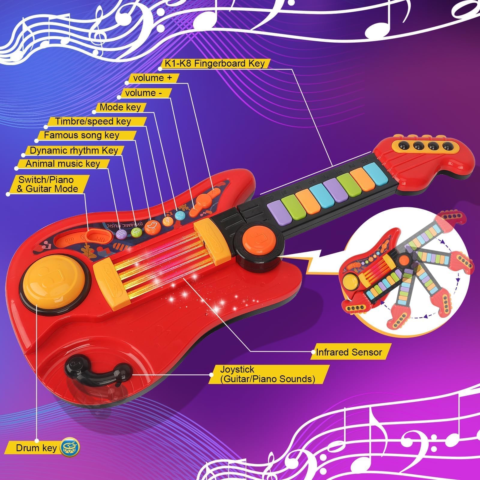 Chitarra Giocattolo per Bambini con Modalità Pianoforte 2-in-1 Strumento Musicale Elettrico Giocattoli Regalo per Ragazzi e Ragazze di 3 4 5 Anni (Rosso)