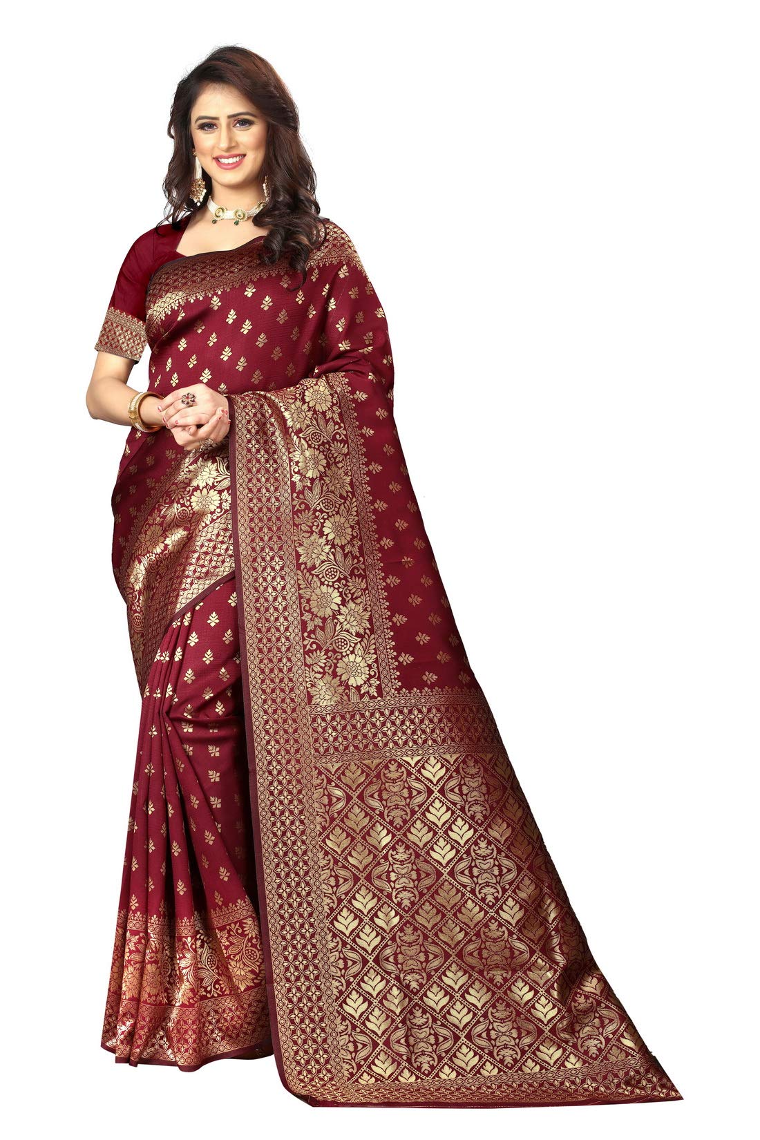 Flosive Women's Present Latest Soft Kanjivaram Silk Saree With Blouse Piece (Maroon)