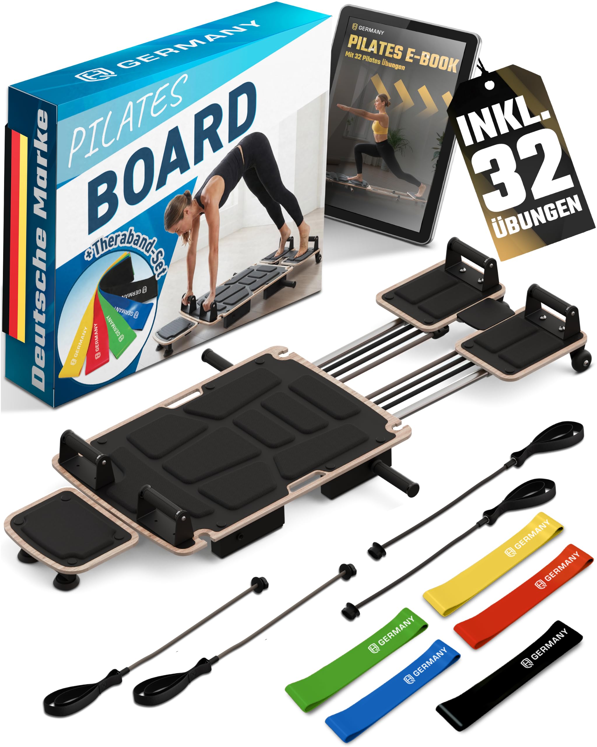 HQ Germany® Pilates Board [massives Birkenholz] - Reformer für Zuhause | inkl. Theraband-Set und digitalem E-Book, 6 Widerstandsstufen, flüsterleise Rollen, standfest & gepolstert