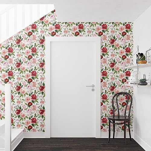 Miniatura 3 de UniGoos Papel tapiz autoadhesivo con diseño floral rojo de acuarela, papel de contacto temporal de flores rosas, papel de contacto decorativo