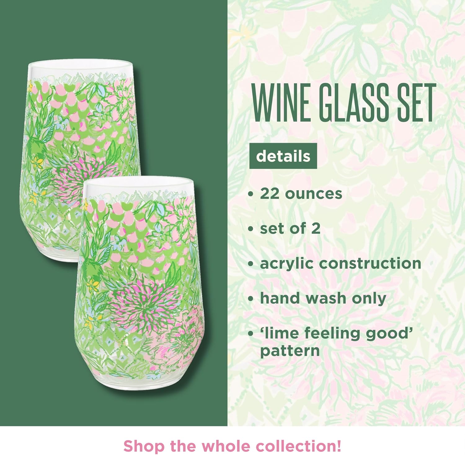 Lilly Pulitzer Stemless Wine Glass Set of 2, Large Acrylic Wine Glasses, 22 Ounce Plastic Cocktail Cups for Indoor/Outdoor, Lime Feeling Good