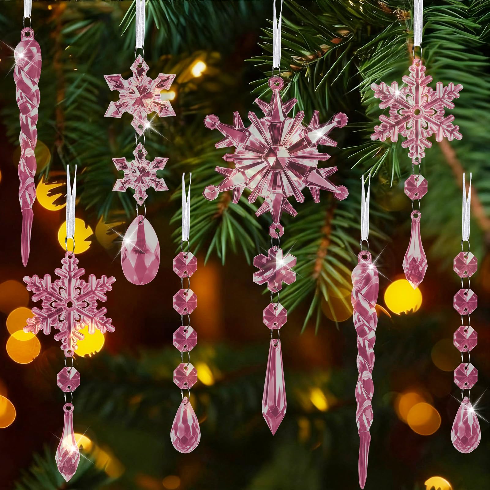 32 Pezzi Di Ghiaccioli In Acrilico Per Albero Di Natale, Fiocchi Di Neve Con Filo Appenditore, Decorazioni Natalizie Trasparenti - 3
