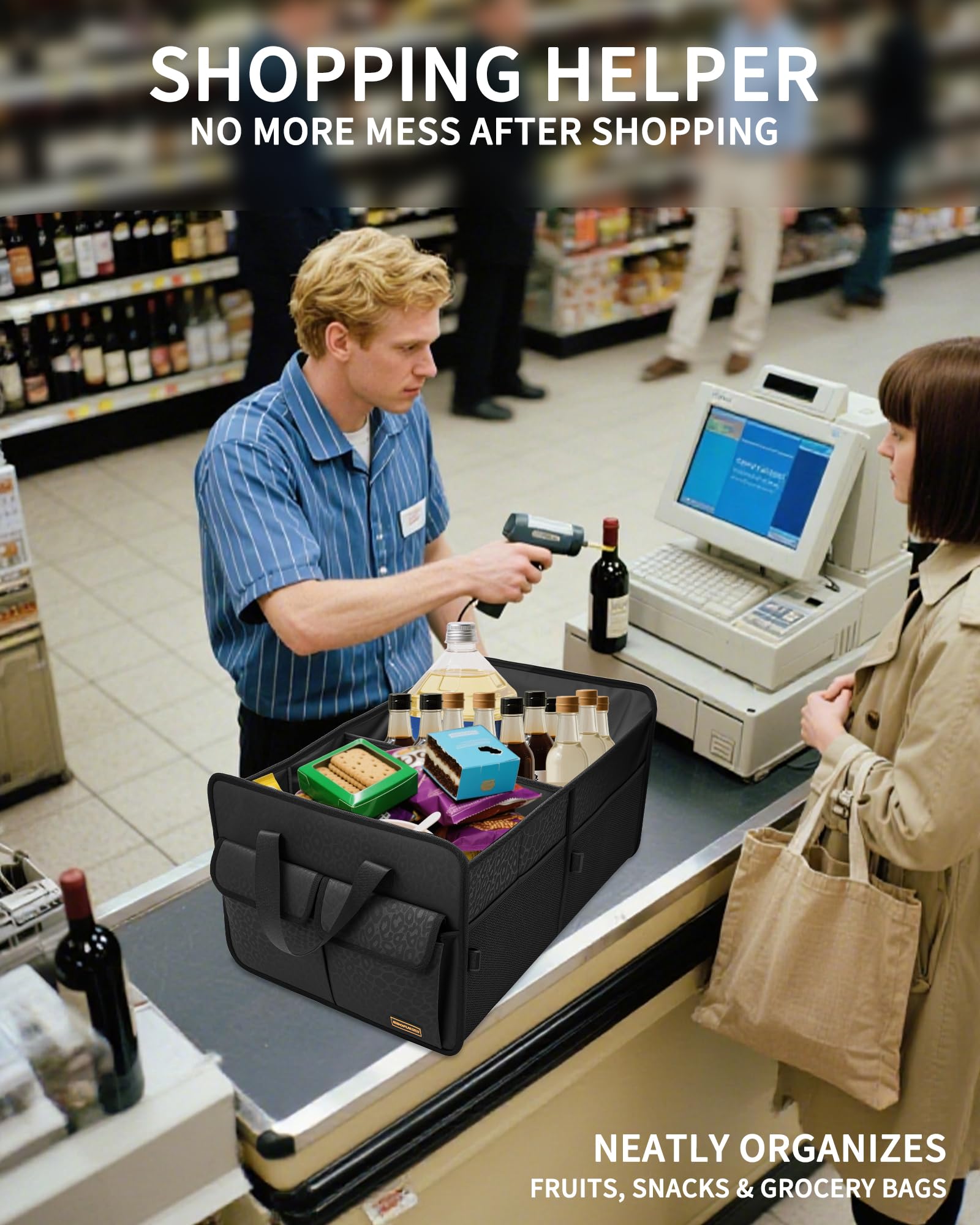 Sturdy Car Trunk Organizer – Large Capacity Trunk Organizer for SUVs & Sedans, Hard-Shell One-Piece Design with Cute Print, Collapsible and Durable Car Organizers (Black Leopard 70L)