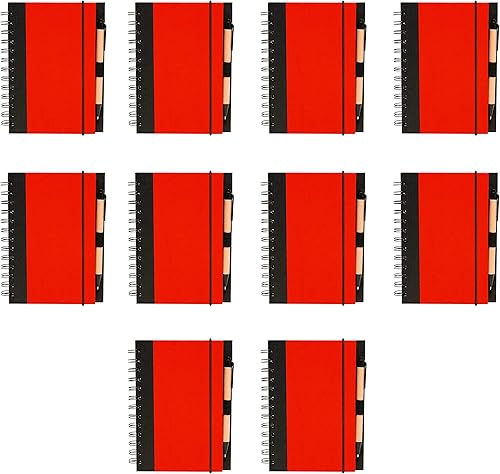 DISCOUNT PROMOS Juego de 10 cuadernos Eco Block con bolígrafos, paquete a granel, perfecto para la escuela, oficina, negocios, hogar, color rojo