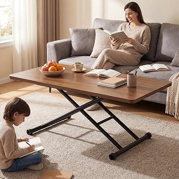 Adjustable Height Coffee Table Dining Table, Lift Top Coffee Table, Multifunctional Folding Table, One-Button Lifting, Modern Style, Dining Room, ApartmentBrown+Black,23.62"x39.37"