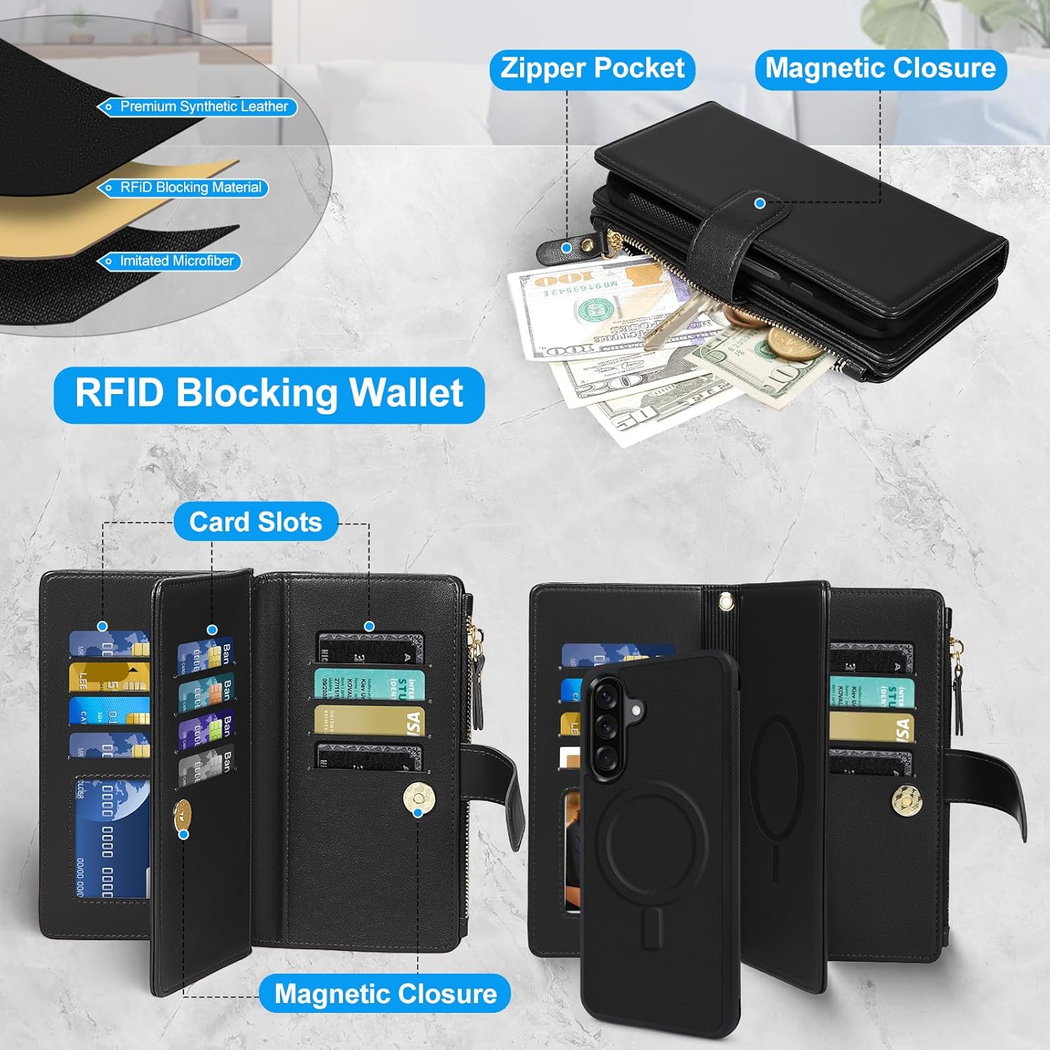 Harryshell 2 in 1 for Samsung Galaxy A17 / A26 Wallet Case Magnetic Compatible with Magsafe RFID Blocking Card Holder Detachable Phone Cover Zipper Purse Kickstand Wrist Strap for Men Women Black
