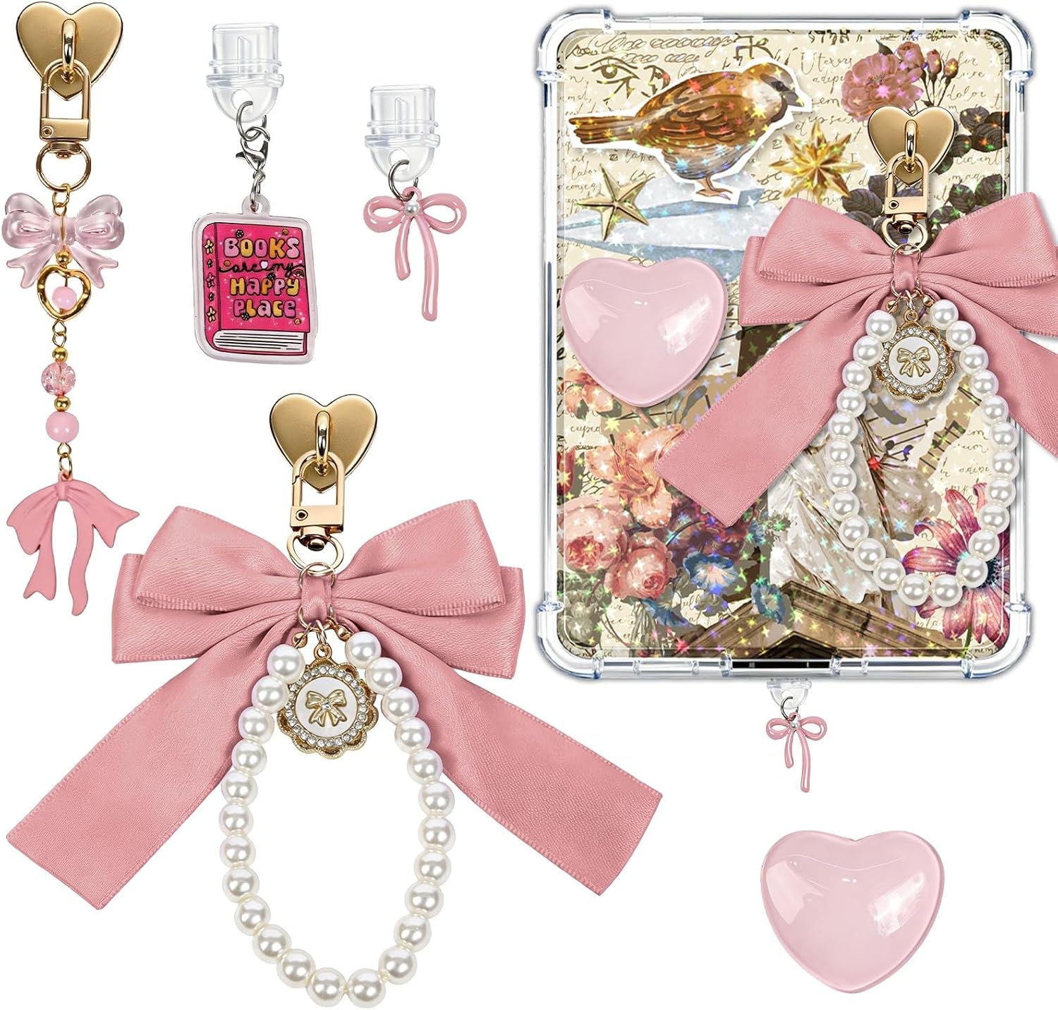 Rngmsi 5 Pcs Pink Coquete Chain Charms for Kindle, Book Lovers Gifts