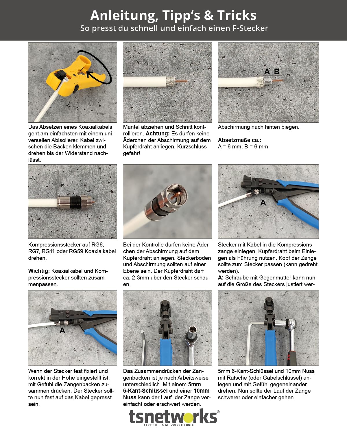 Elektriker Werkzeug Set mit F Stecker, Kompressionszange, Maulschlüssel flach 11-13, Kabelschneider & Abisolierwerkzeug in hochwertiger Tasche mit Platz für weiteres Elektriker Werkzeug