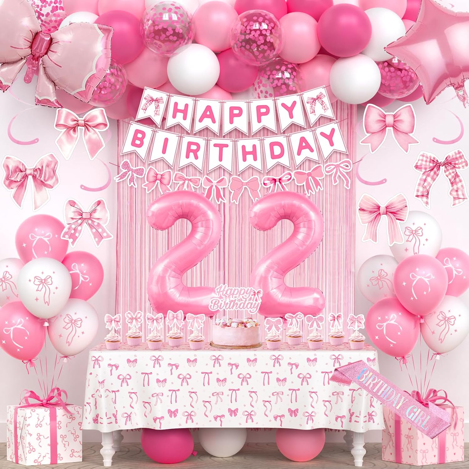 16th Pink Birthday Decorations for Girls, Pink Bow Coquette Birthday Decoration Party Supplies Includes Fringe Curtain, Number balloons, Bow Cake Topper, Banner, Hanging Swirls