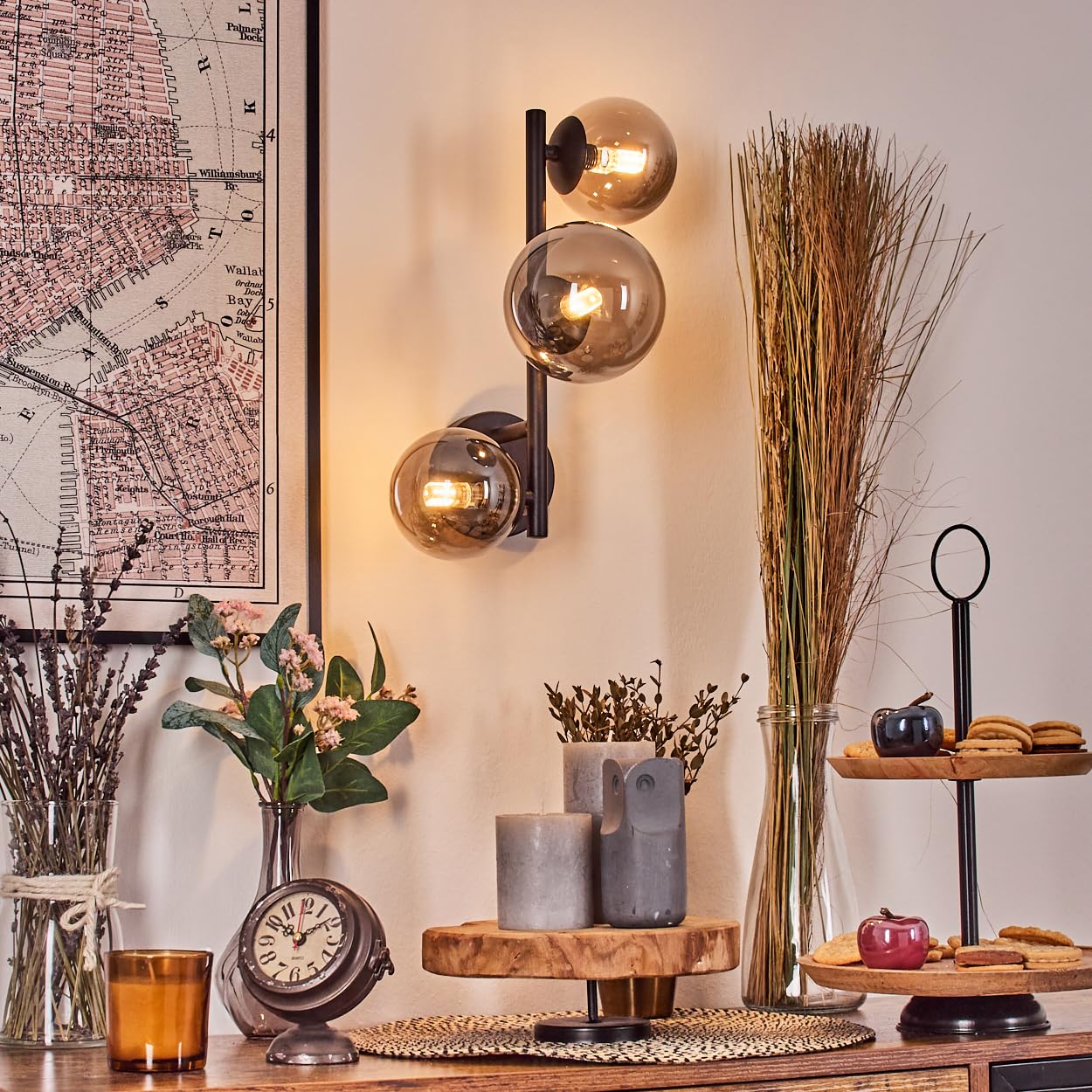 HOFSTEIN Wandleuchte Chehalis, Wandlampe aus Metall/Glas in Schwarz/Rauchfarben, moderne Leuchte im Retro/Vintage-Design (Ø Schirme 10; 12 cm), G9, Wohnzimmer, Schlafzimmer, Küche, Flur, Treppenhaus