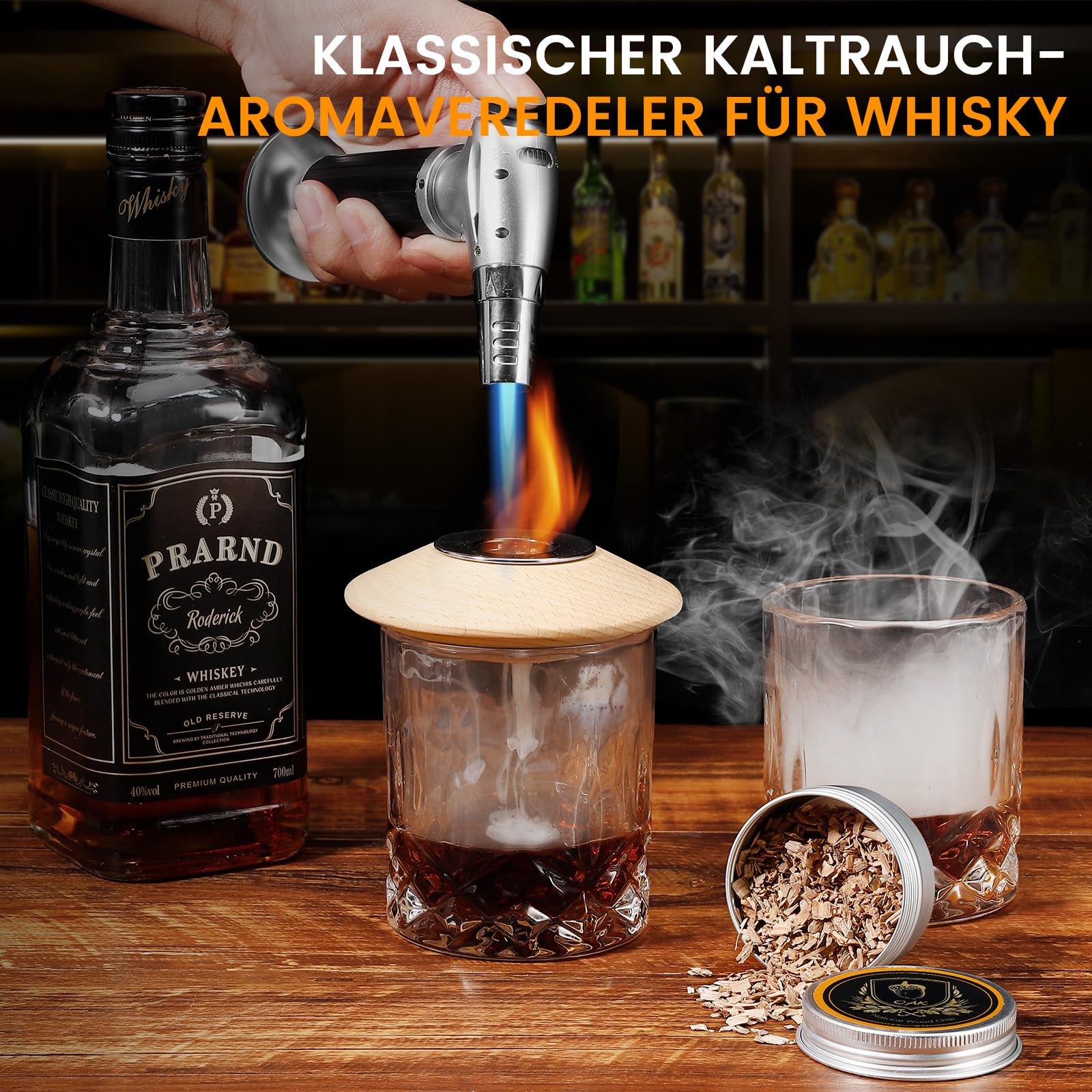 Whiskey Cocktail Smoker Set mit Brenner, 6 Geschmacksrichtungen Holzspäne, 2 Gläser, 2 Eisball-Formen, Bourbon Old Fashioned Drink Räucher-Kit, Geschenk für Männer Väter Ehemänner Freunde (ohne Butan)