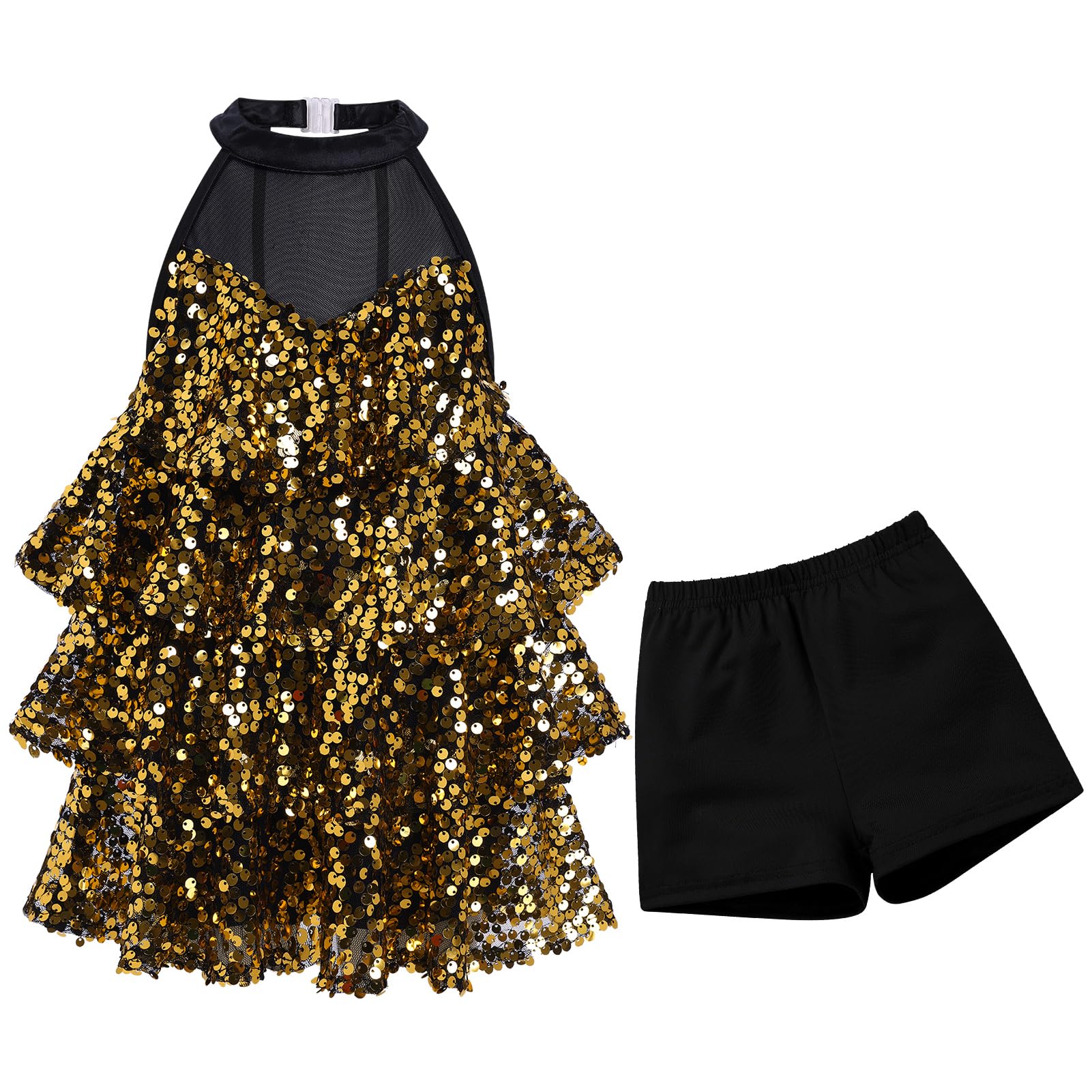 OMEWEE Robe de danse latine à paillettes pour fille, tenue de danse, jazz, hip-hop, deux pièces, tenue de danse pailletée, tenue de bal, fête, robe scintillante avec short