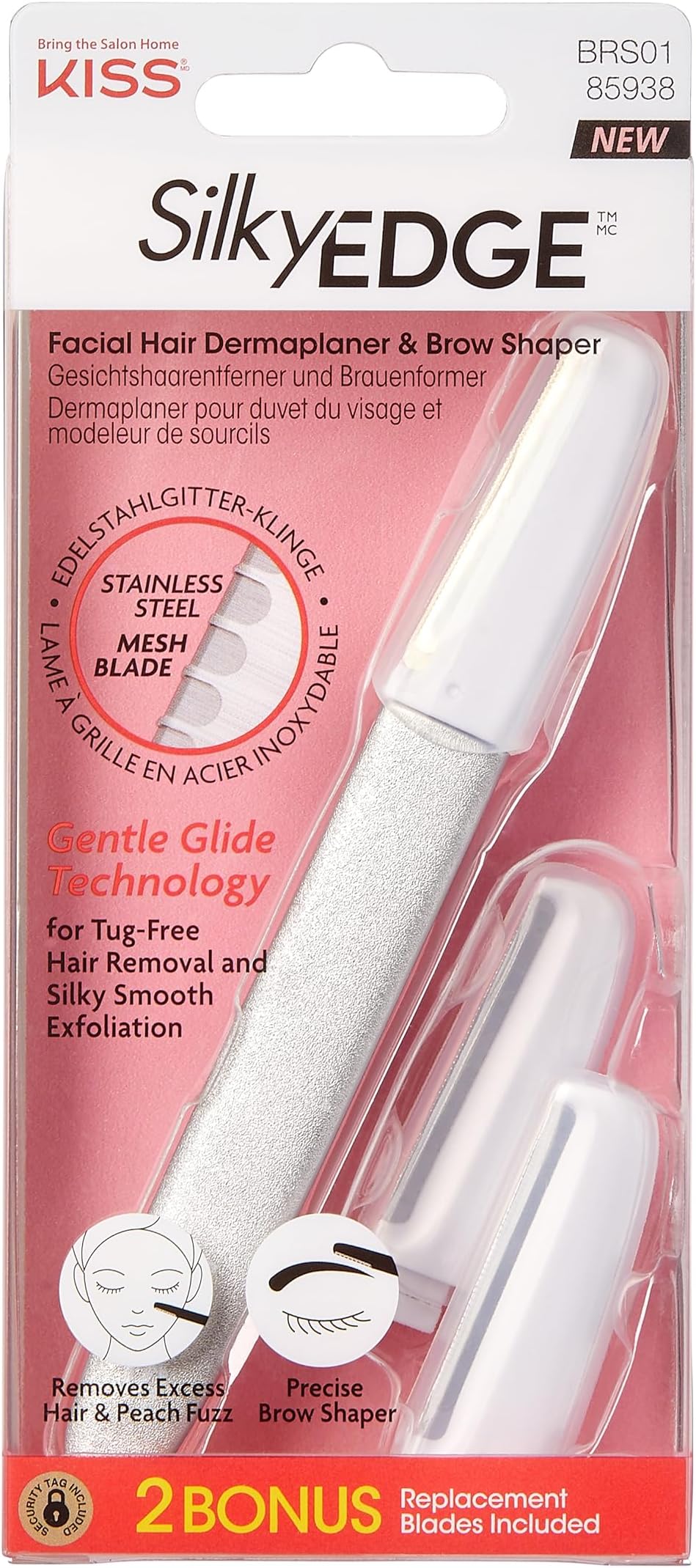 KISS SilkyEDGE Facial Hair Dermaplaner & Precise Brow Shaper, Stainless Steel Mesh Blade, Gentle Glide Technology, Tug-Free Hair Removal & Silky Smooth Exfoliation, Includes 2 Replacement Blades