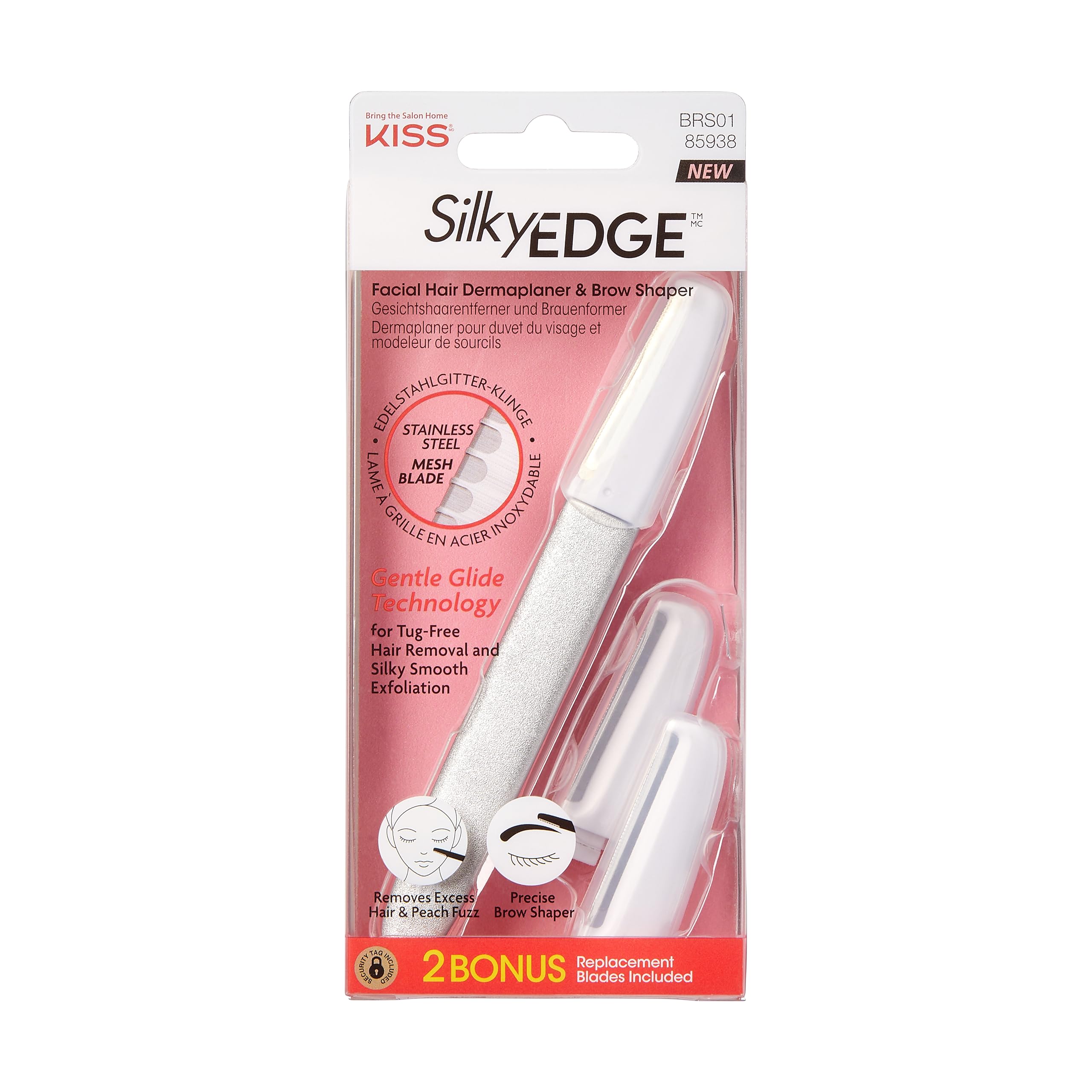 KISS SilkyEDGE Facial Hair Dermaplaner & Precise Brow Shaper, Stainless Steel Mesh Blade, Gentle Glide Technology, Tug-Free Hair Removal & Silky Smooth Exfoliation, Includes 2 Replacement Blades