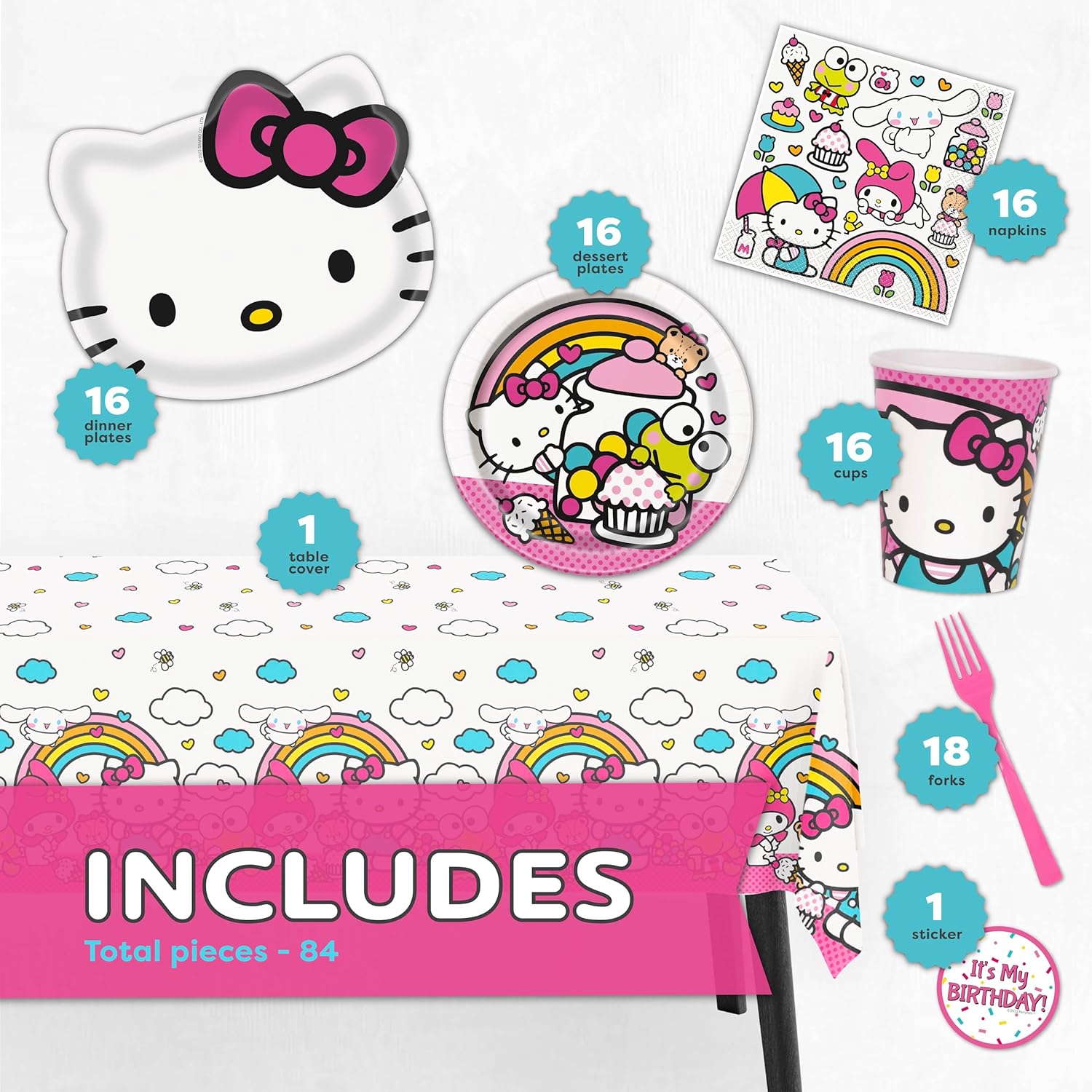 Hello Kitty Birthday Decorations & Party Supplies | Hello Kitty Plates and Napkins, Cups, Tablecloth, Forks, Sticker | Serves 16 Guests | Officially Licensed