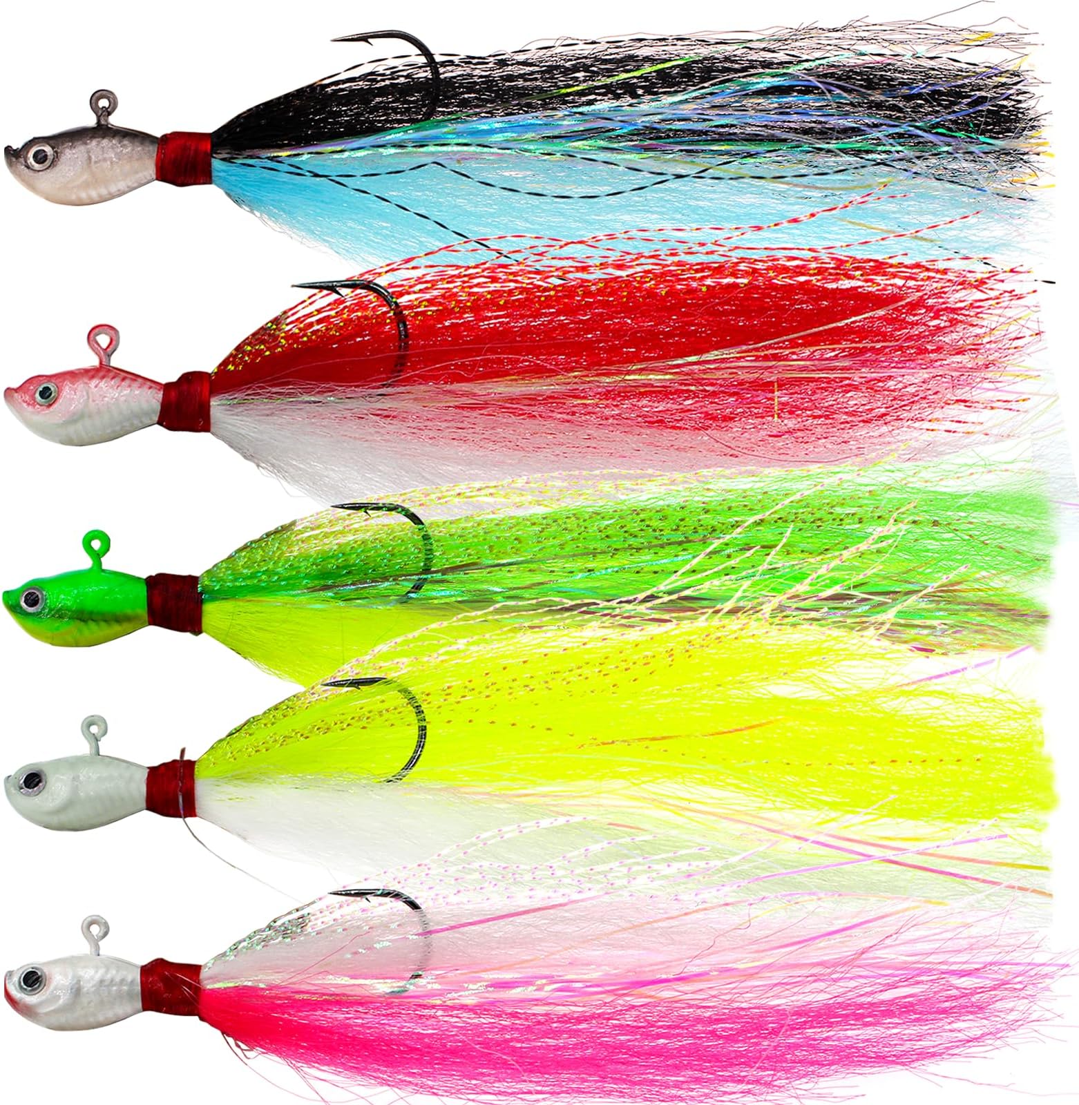DEILAI 5pcs Bucktail Jigs Hair Jig Saltwater Freshwater Surf Fishing Fluke Lures Bait Fishing Jigs Hooks Assorted Kit for Bass Striper Bluefish Walleye Snook Rockfish
