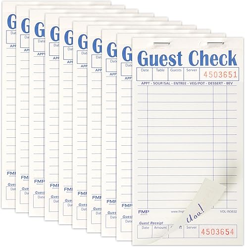 FMP Brands Libros de cheques de invitados para servidores, papel de bloc de notas de servidor, total de 500 hojas (10 blocs), blanco con recibo de