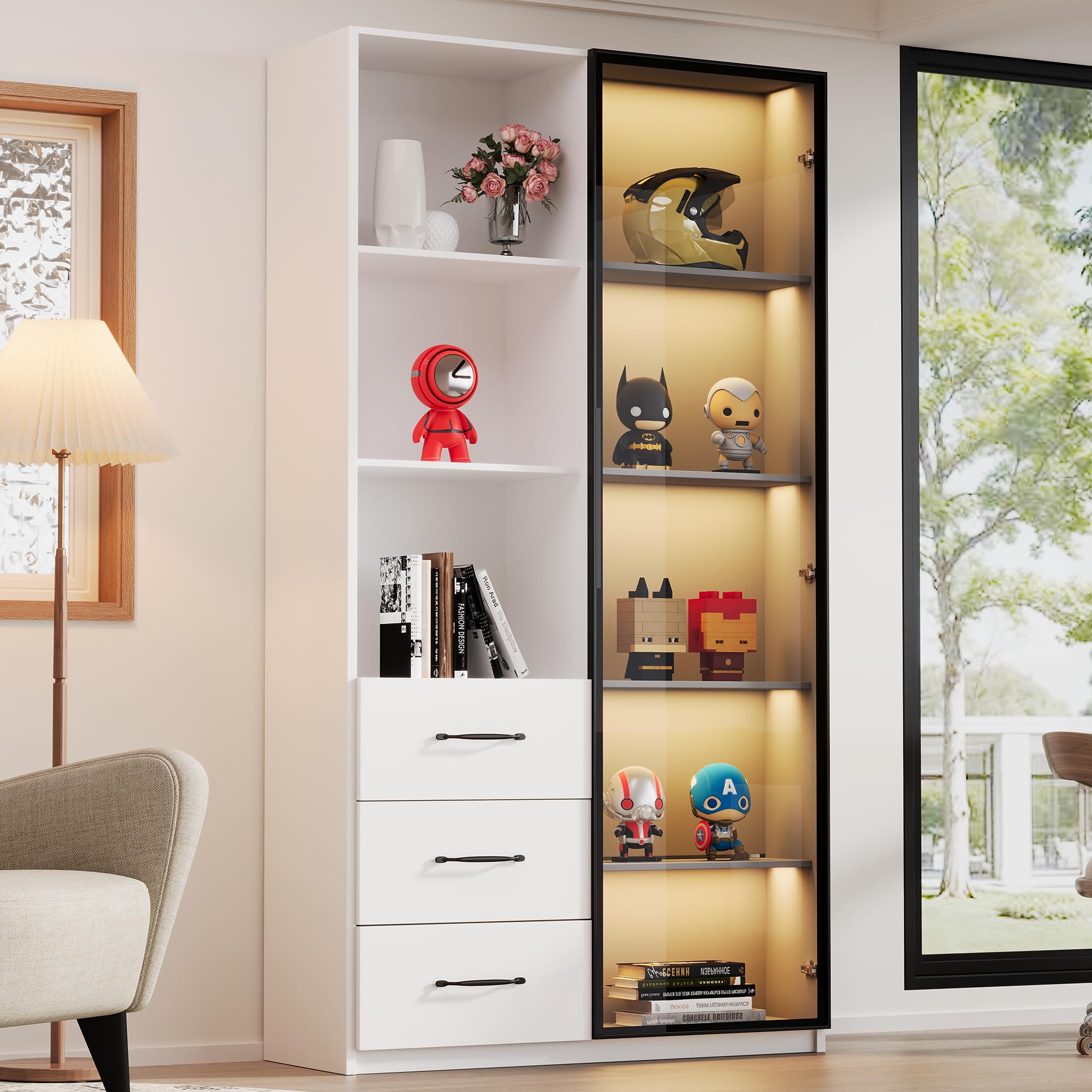 Vetrina con illuminazione LED 80 x 40 x 160 cm – Libreria con anta in vetro temperato e luci LED, 3 cassetti e 3 vani aperti, struttura in alluminio, LED multicolore (F)