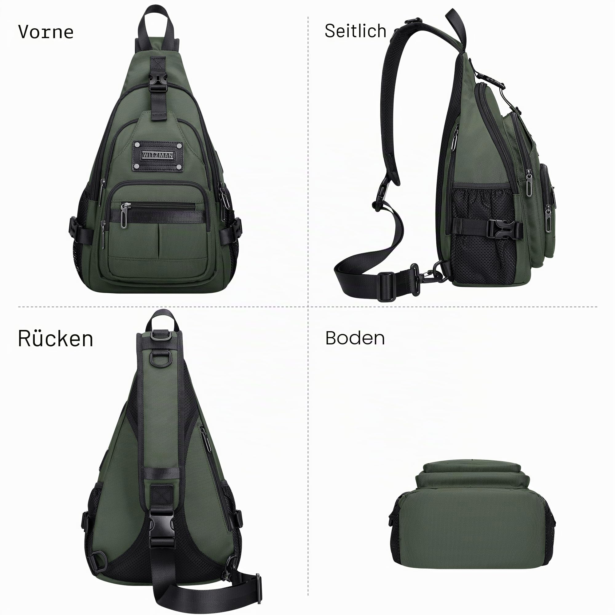 WITZMAN Umhängetasche für Herren 19L Reise Sling Bag mit USB-Ladeport | Schultertasche und Brusttasche Wasserabweisend Mehrere Fächer Passt 9,7 Zoll iPad für Alltag Outdoor und Arbeit,B735