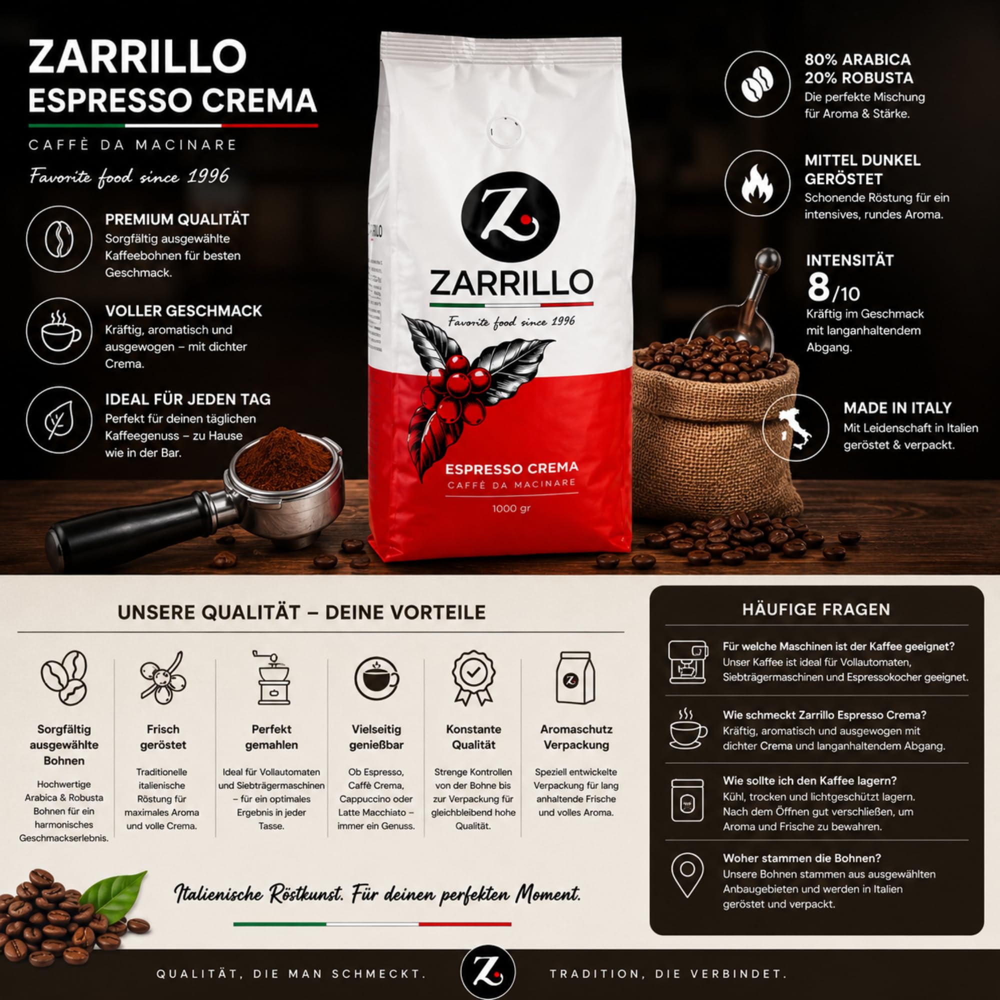 ZARRILLO Italienische Espresso Kaffeebohnen, Arabica und Robusta, für Vollautomaten & Siebträgermaschinen, Kräftige Crema, Mittlere Röstung (1 kg (6er Pack))