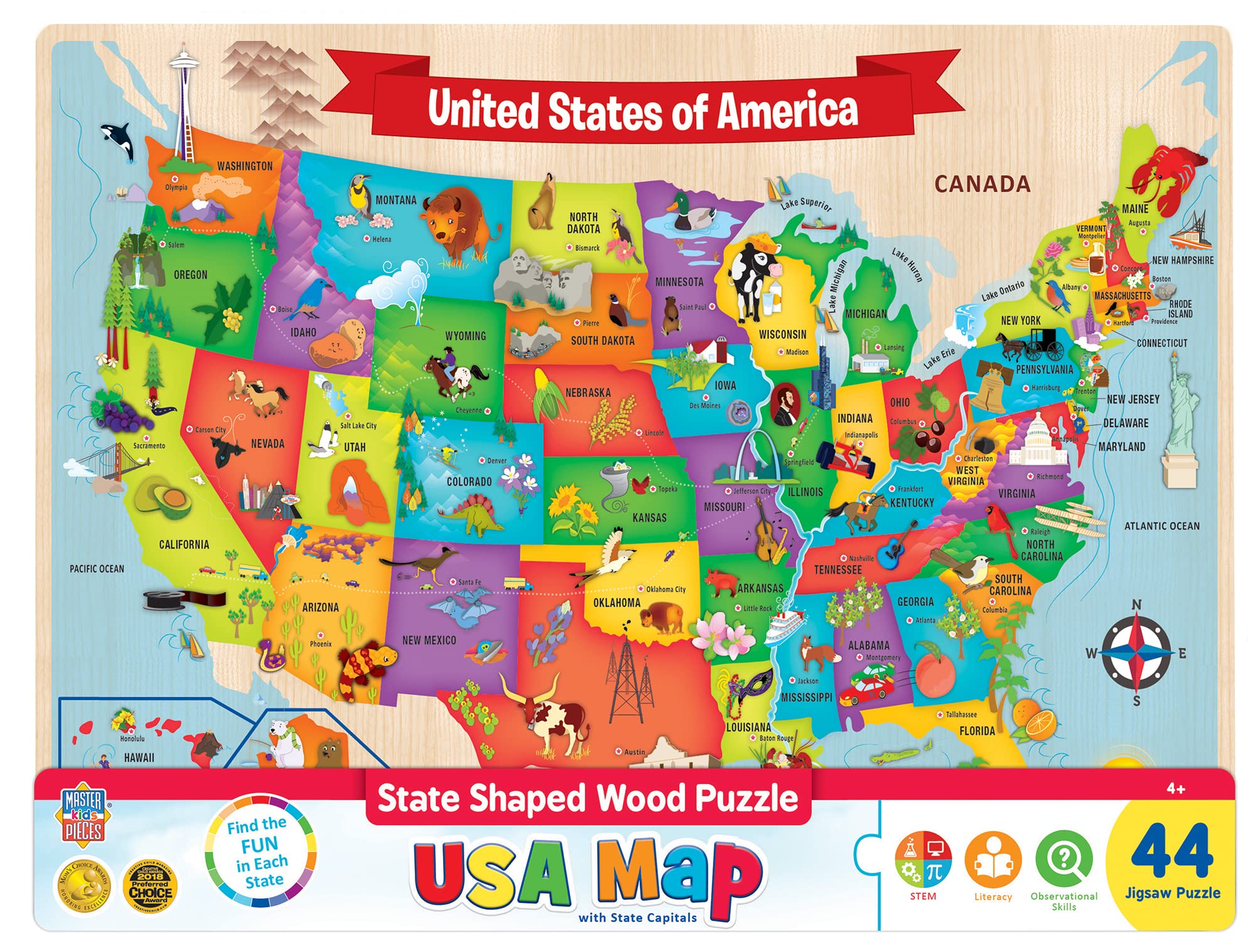 MasterPieces 44 Piece Jigsaw Puzzle for Kids - USA Map Wood Puzzle - 16.5"x11.8"