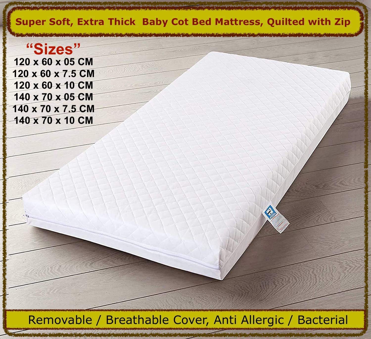 BUY ALL HERE Travel Cot Bed Mattress - comes with Super Soft Breathable Water Resistant Quilted Cover, Removable Washable - 120 X 60 X 7 CM