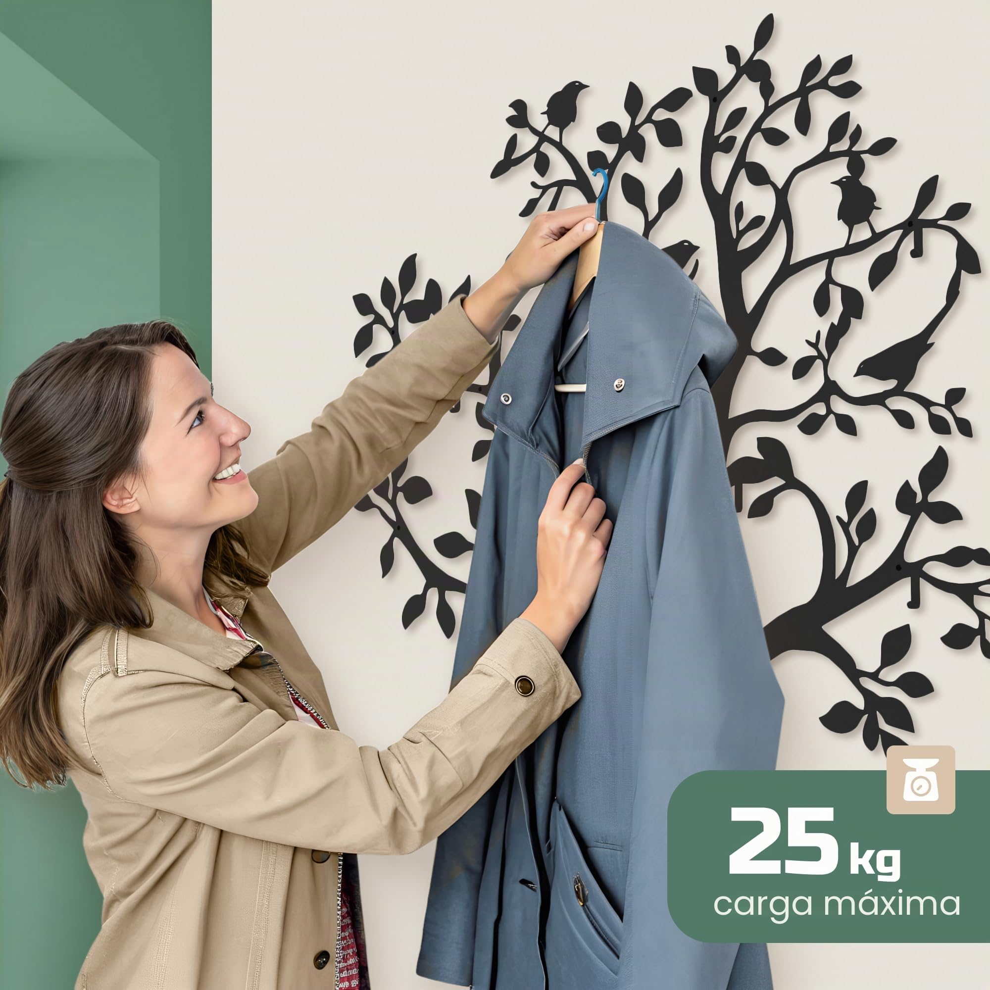 Perchero montado en la pared de 170 x 107cm, almacenamiento de pasillo para ropa, ganchos de metal 6 piezas, perchero de almacenamiento negro, perchero para cocina, guardería, baño