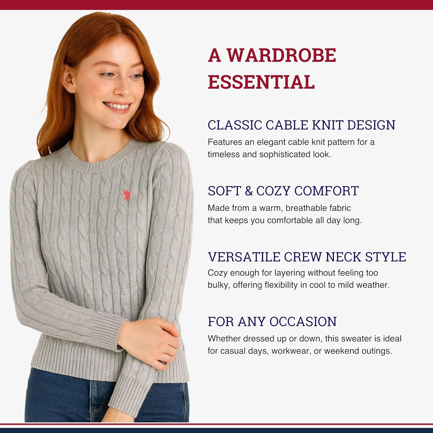 U.S. Polo Assn. Women's Crew Neck Sweaters – Raglan, Cable Knit & Striped - Image 4