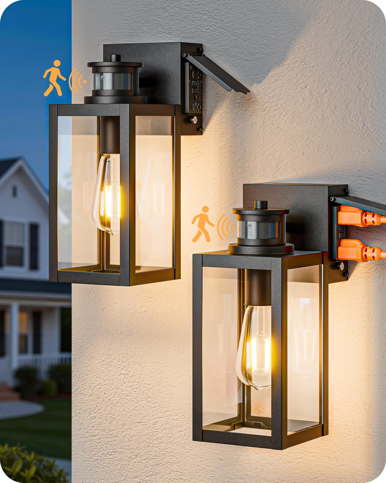 Photo 1 of EDISHINE Porch Lights with Outlet, 12" H Motion Sensor & 3 Modes Modern Outdoor Wall Lights, Dusk to Dawn Exterior Lighting Fixtures Waterproof Outside Wall Sconce for Patio, Doorway, Garage, 2 Pack