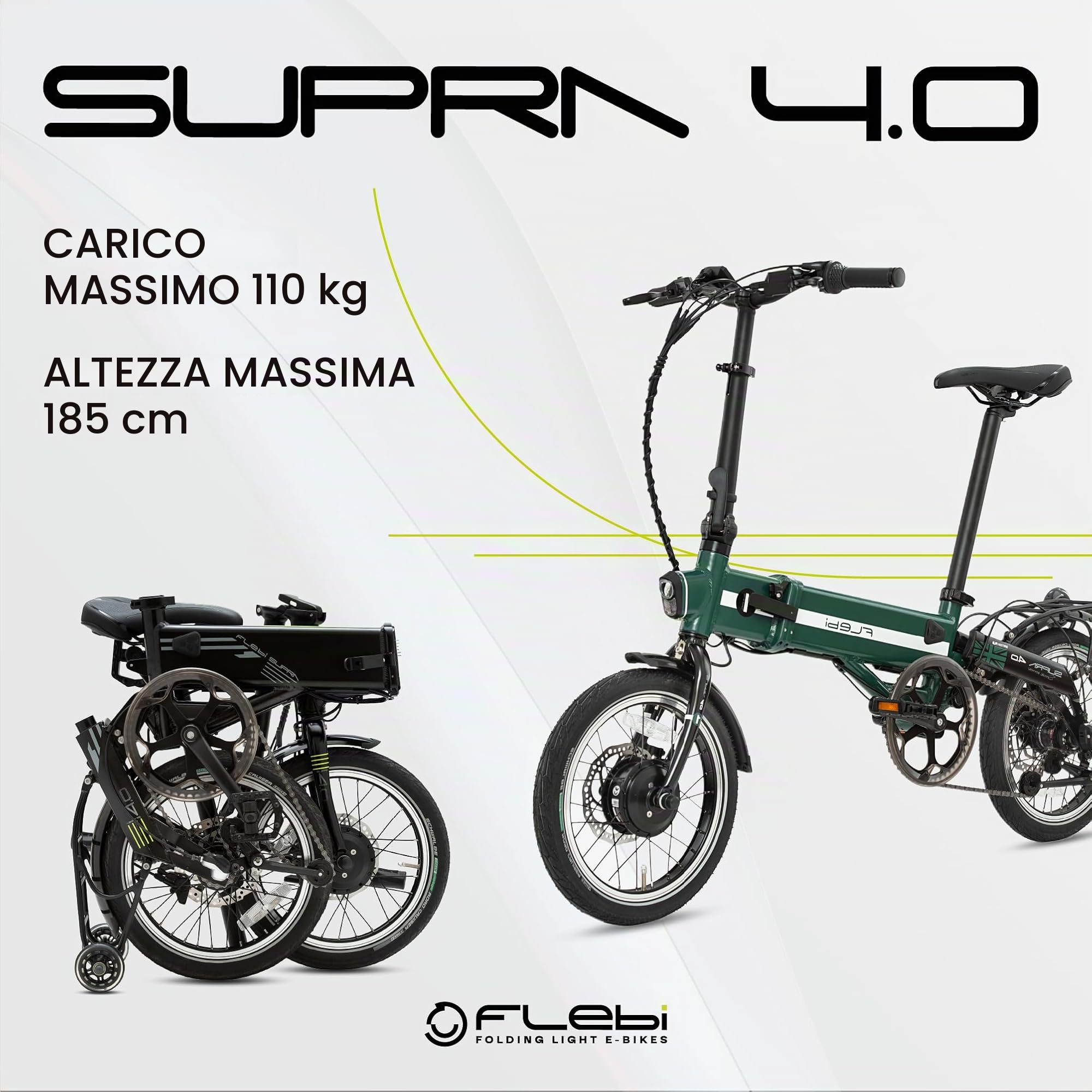 Flebi Supra 4.0 Bicicletta Elettrica Pieghevole 16" | Autonomia 70 km | Batteria Rimovibile 10,4Ah/374Wh | 3 Velocità | E-Bike Urbana Unisex Compatta e Leggera
