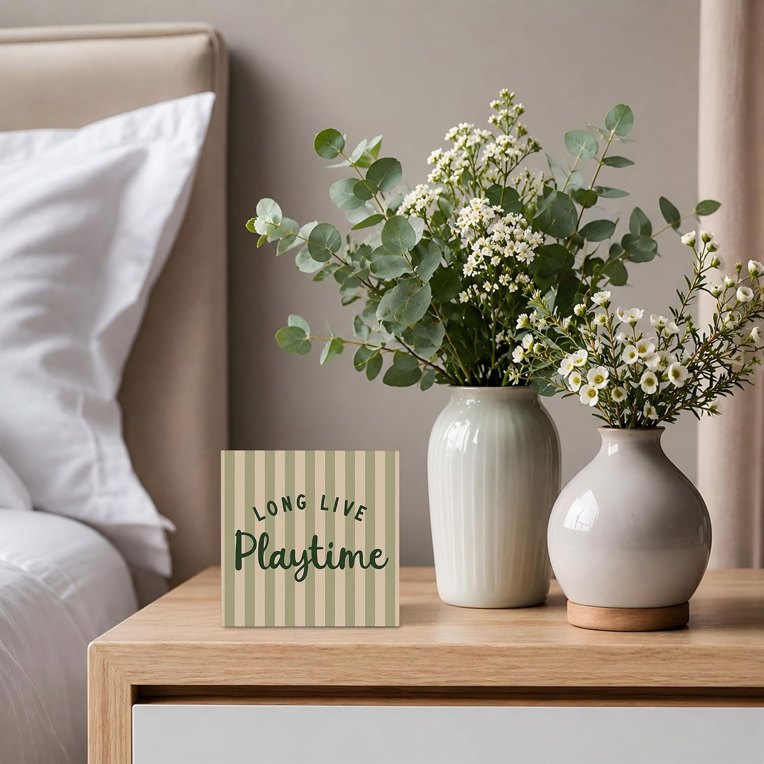 Long Live Playtime Wooden Box Desk Sign, Nursery Playroom Classroom Wood Desk Decor for Home Baby Boys Girls Kids Room Bedroom, Sage Green Striped Decor for Shelf Table Accessories 5x5 image 4