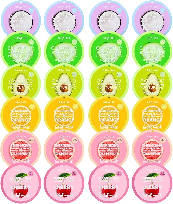 Beauty Fruit Facial Sheet Masks 24 Pack – Face Masks Skincare Set – Hydrating Face Masks – 6 Natural Fruit Extract Formulas – Orange, Grapefruit, Coconut, Cherry, Avocado, Cucumber