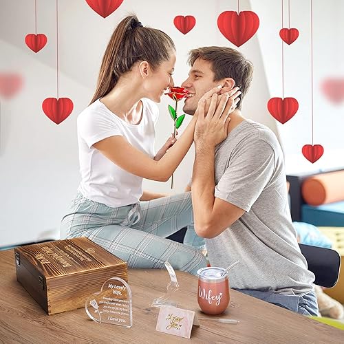 Miniatura 3 de Juego de regalo de aniversario para ella  Juego de regalo para esposa, esposa con corazón grabado de cristal, rosa sumergida en oro de 24 quilates,