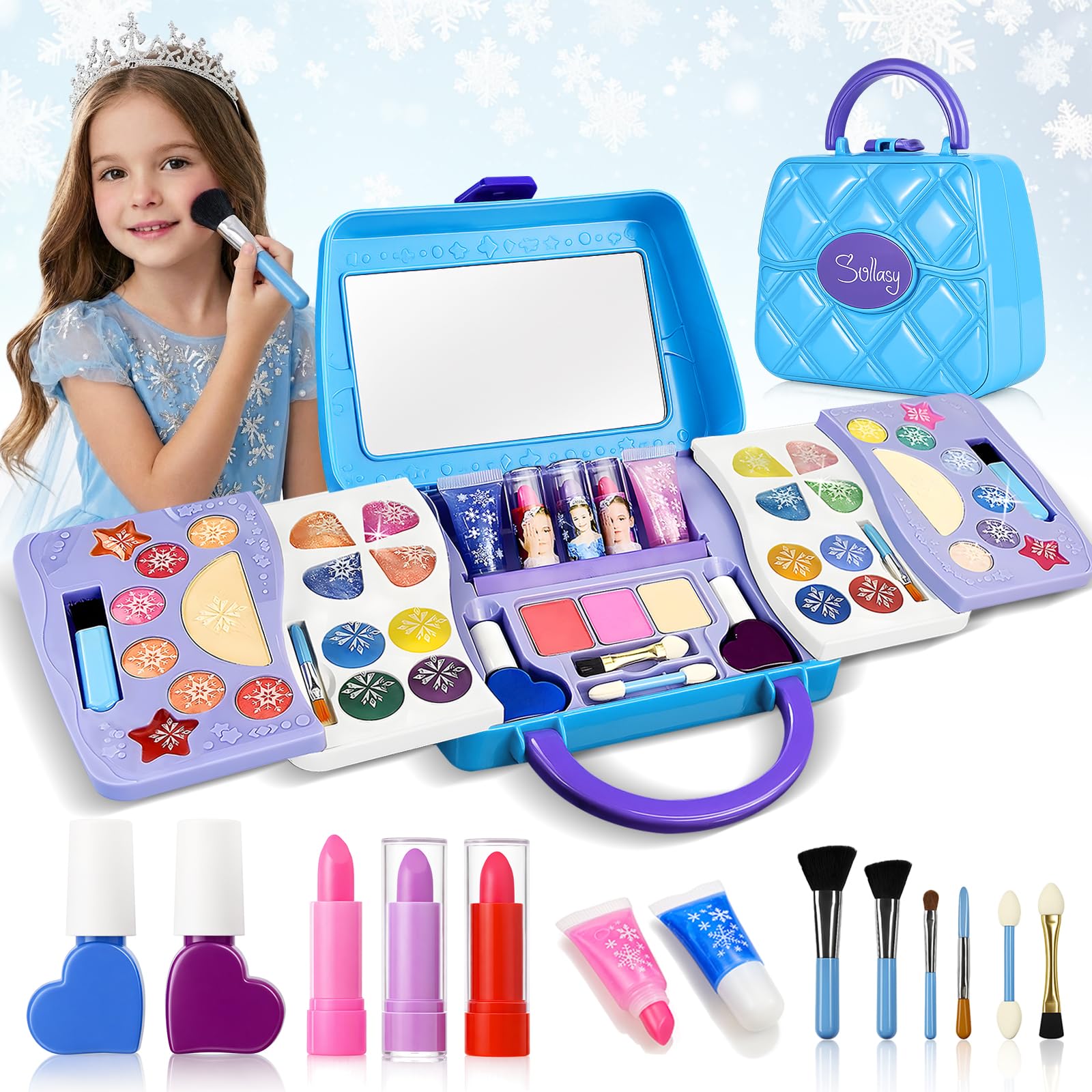 Kids Makeup Kit for Girls, 50PCS Real Blue Washable Cosmetic Set