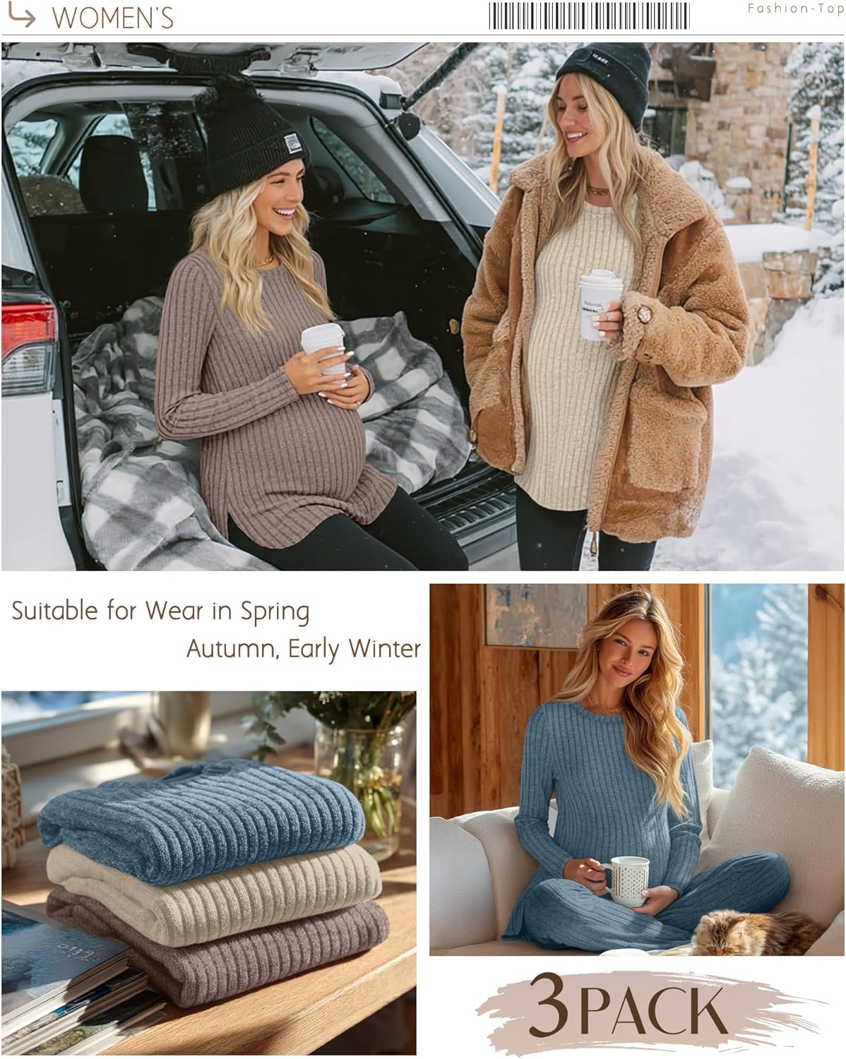 3 Pack Women's Maternity Shirts, Ribbed Long Sleeve Pregnancy Sweaters Curved Hem Split Side Crew Neck Tunic Tops - Image 3