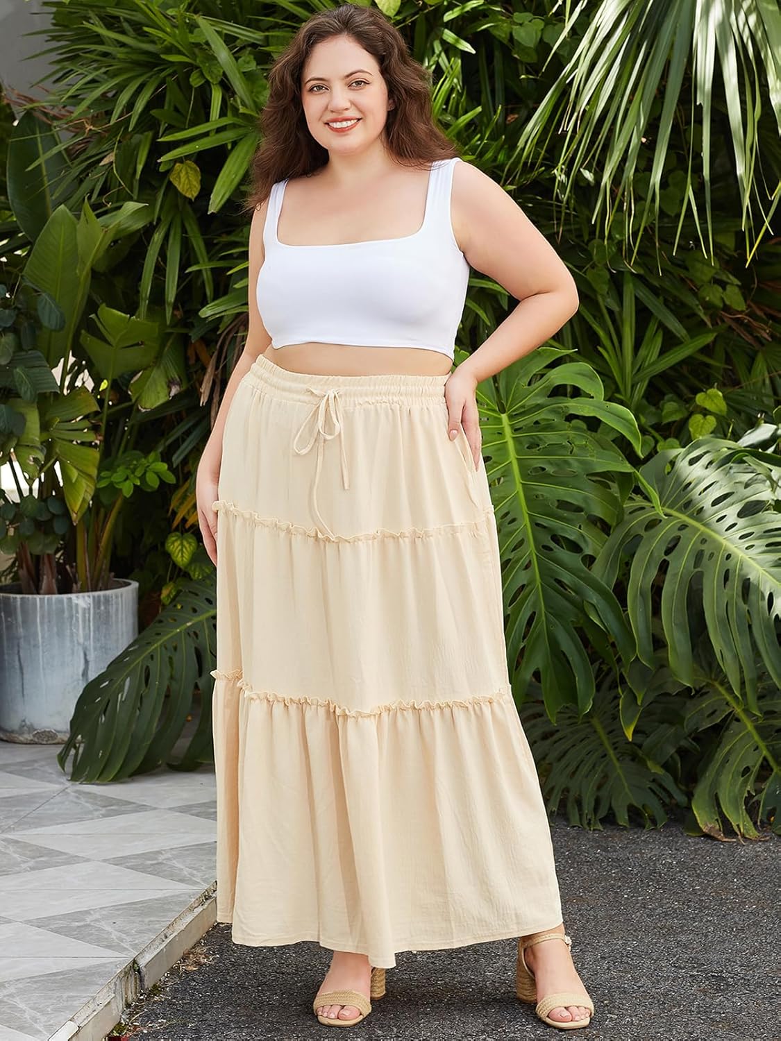 Moon Wood Plus Size Maxi Skirts for Women Trendy Long Flowy Boho Tiered Skirt Renaissance Summer Beach Skirt with Pockets - Image 5