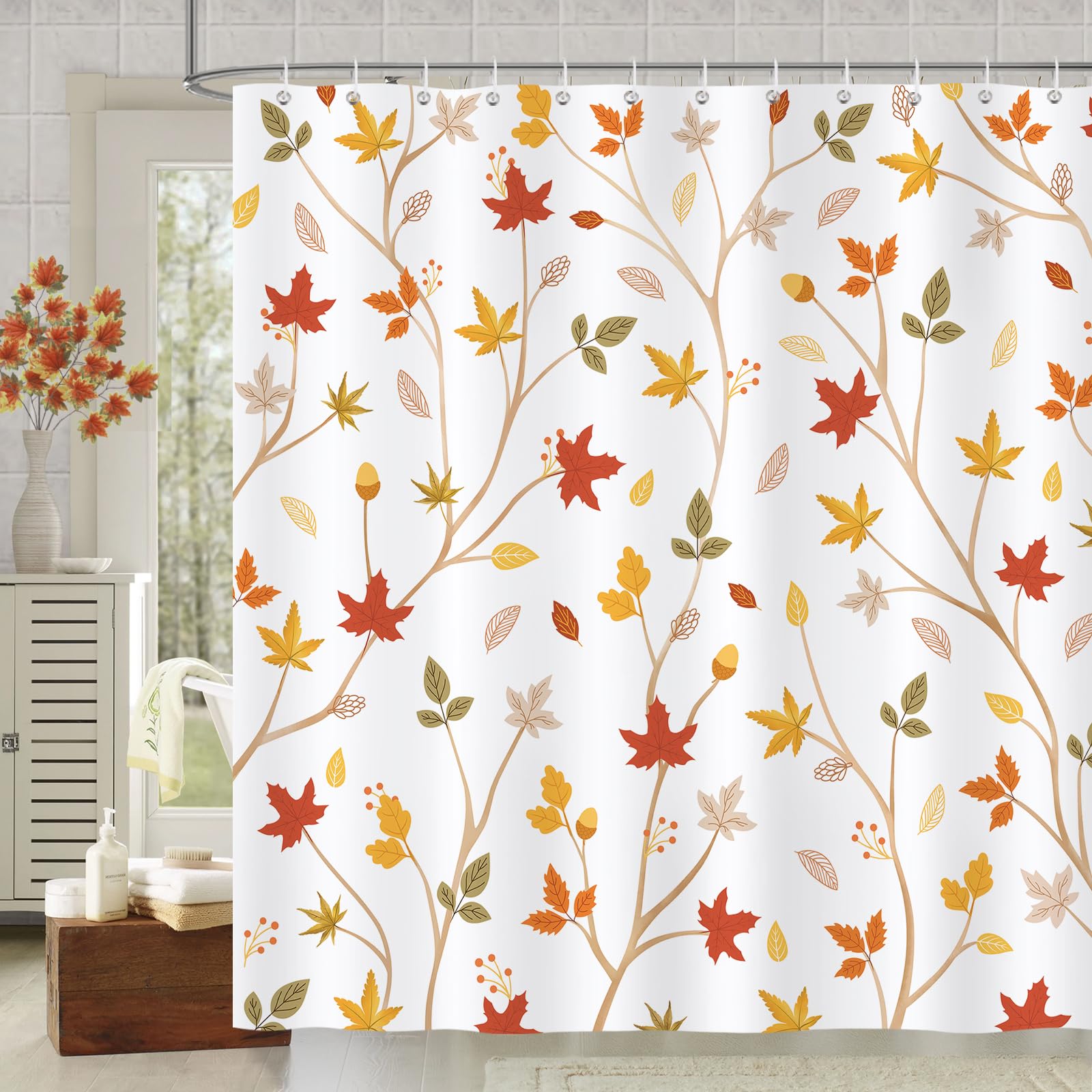 Bonhause Leaves Shower Curtain, Maple Leaf Plants Seasonal Autumn Fall Bathroom Decor 72 x 72 Inch Polyester Fabric Waterproof Bath Curtain with 12